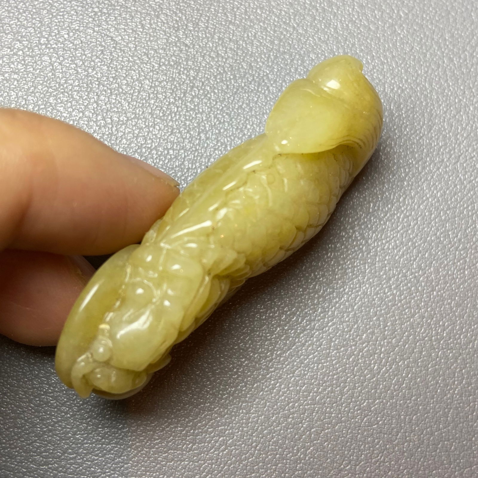 Antique Chinese Grade A Yellow Jadeite Jade statue caved Dragon Fish - 5