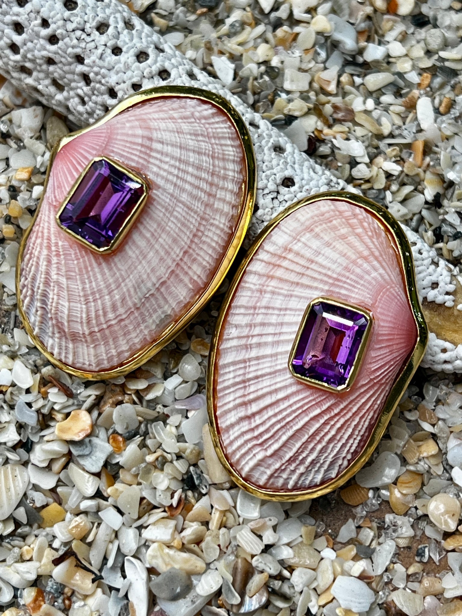 Pink Cockle Earrings with Amethyst: Title:Pink Cockle Earrings with Amethyst Description:Unusually small, soft pink Cockle shells. Small ones like these come along once in a Blue Moon. Set with deep purple, emerald-cut Amethysts - Signe