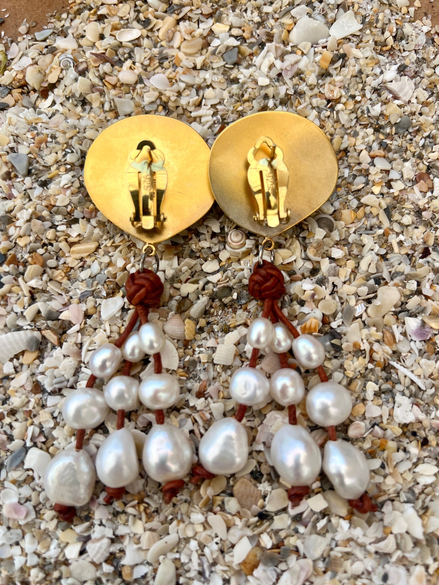 Cockle and Pearl Drop Earrings on Leather - 2