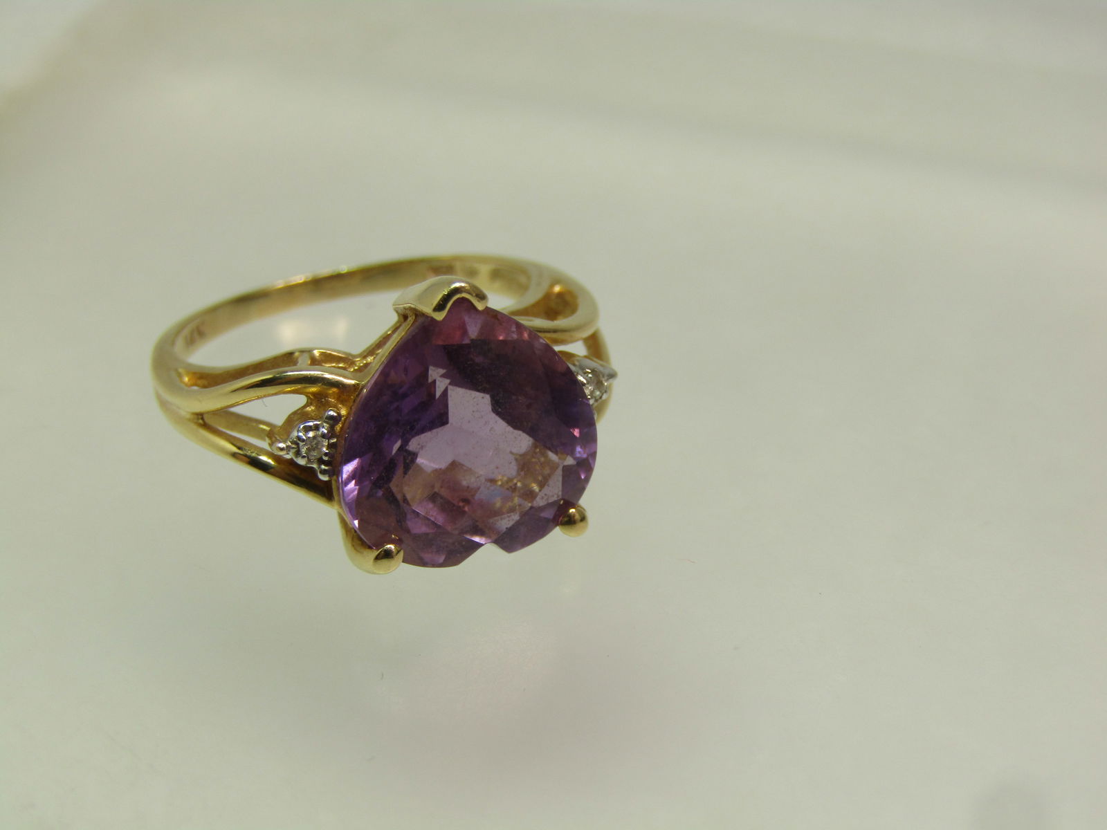 Vintage 14kt Amethyst Heart Ring, with Diamonds, Sz. 8, 1980's-1990's, Signed - 4