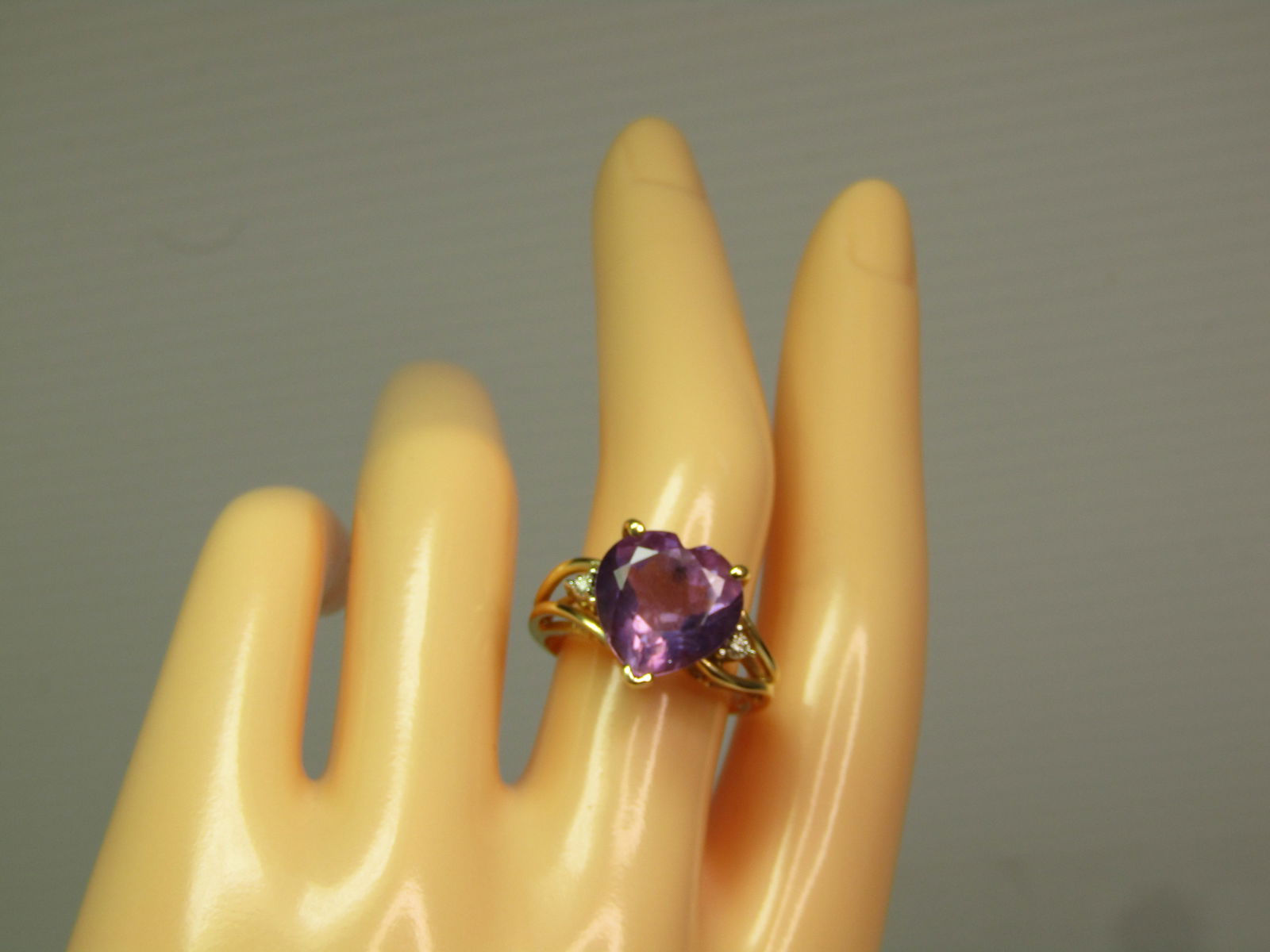 Vintage 14kt Amethyst Heart Ring, with Diamonds, Sz. 8, 1980's-1990's, Signed - 8