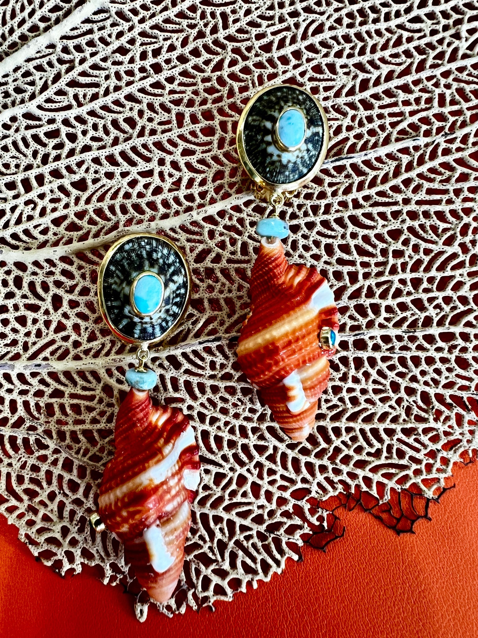 Cymbatium Drop Shell Earrings with Amazonite & Sapphire - 2