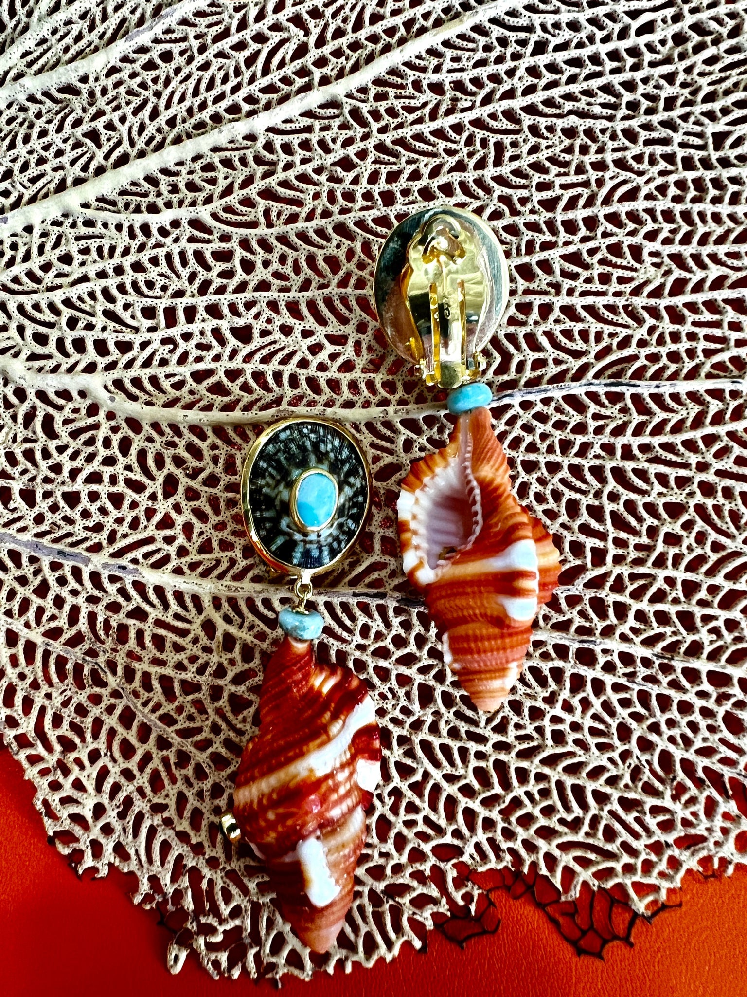 Cymbatium Drop Shell Earrings with Amazonite & Sapphire - 3