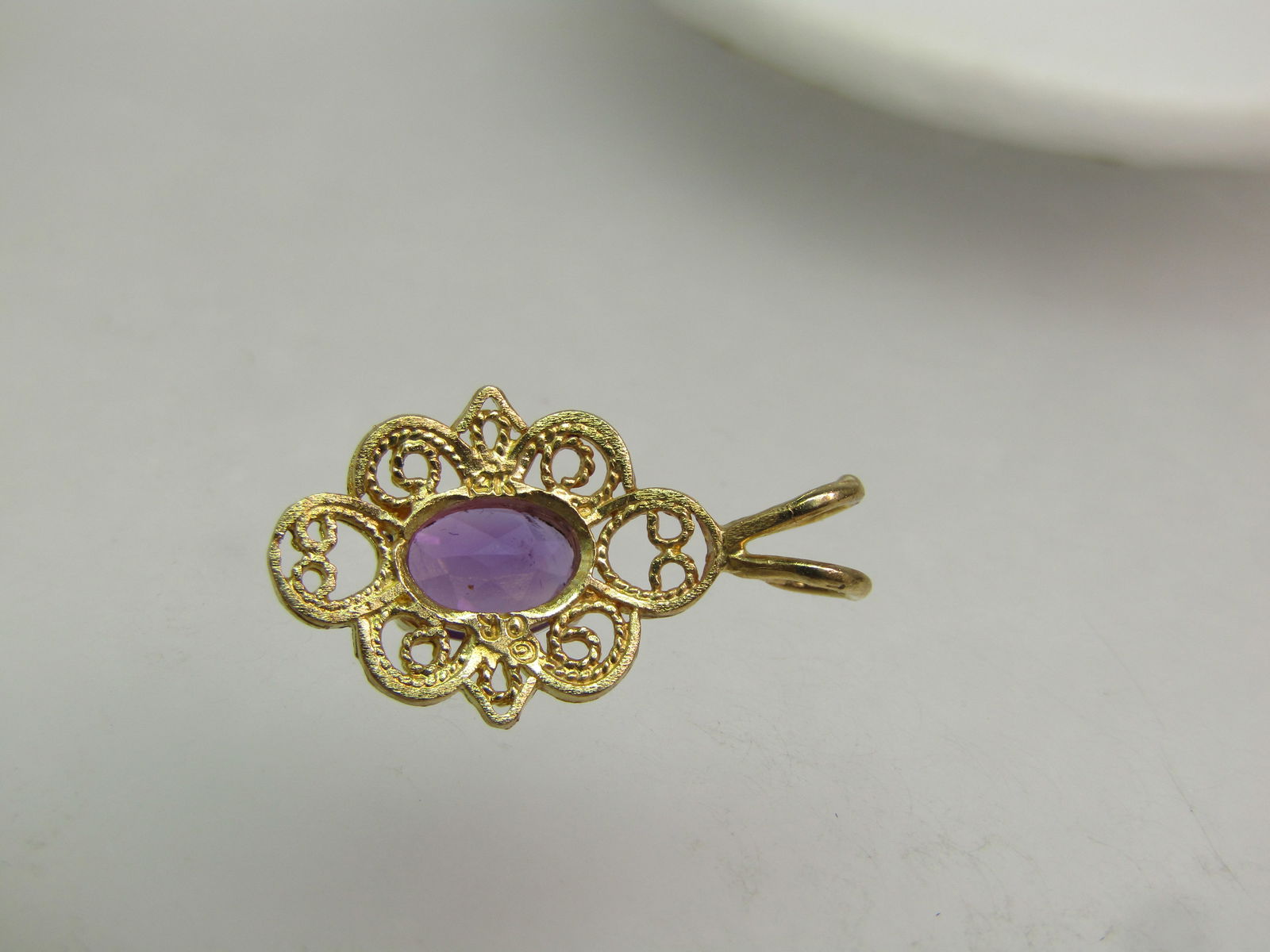 Vintage 14kt Amethyst Filigree Pendant. Signed OR, 1960's-1970's - 5