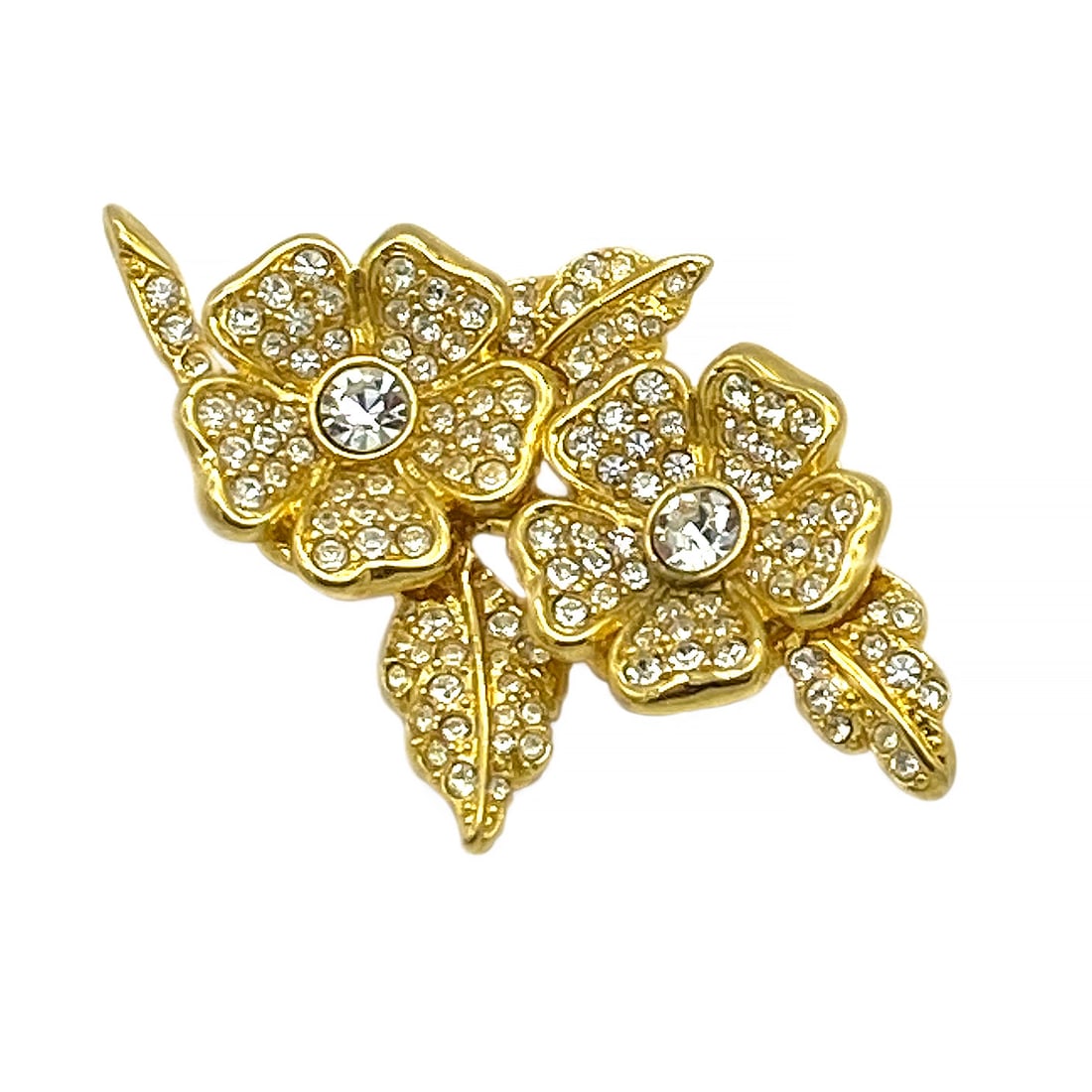 Joan Rivers Flower Earrings on Brooch: This is a 1990s very unique Joan Rivers gold tone brooch nested with clip back crystal flower earrings. As a jewelry designer, Joan Rivers made her debut on the channel QVC. Noteworthily, first