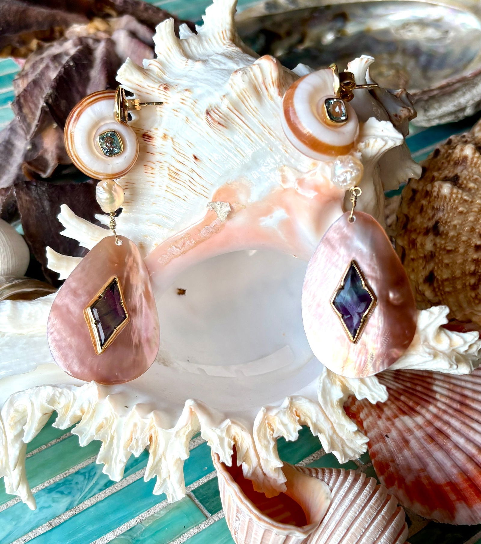 Pink Nacre, Pearl, Fluorite Vermeil Earrings - 5