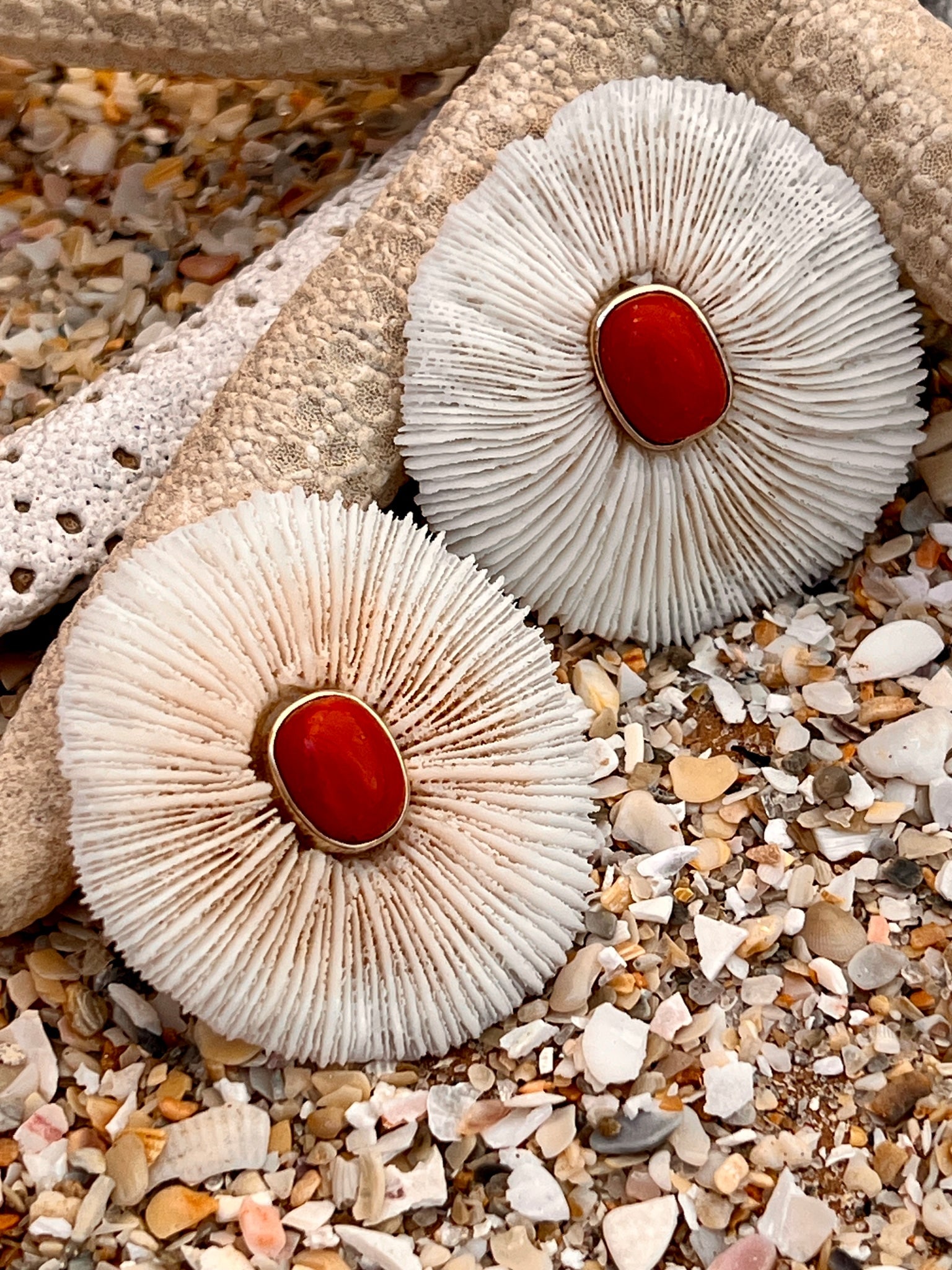 14-karat Gold Mushroom Coral Earrings with Italian Coral: Title:14-karat Gold Mushroom Coral Earrings with Italian CoralDescription:Pair of Mushroom Coral pierced earrings set with Italian Coral. Signed CSS - 14-karat Gold - 1.5" diameter Reserve: $920.00 