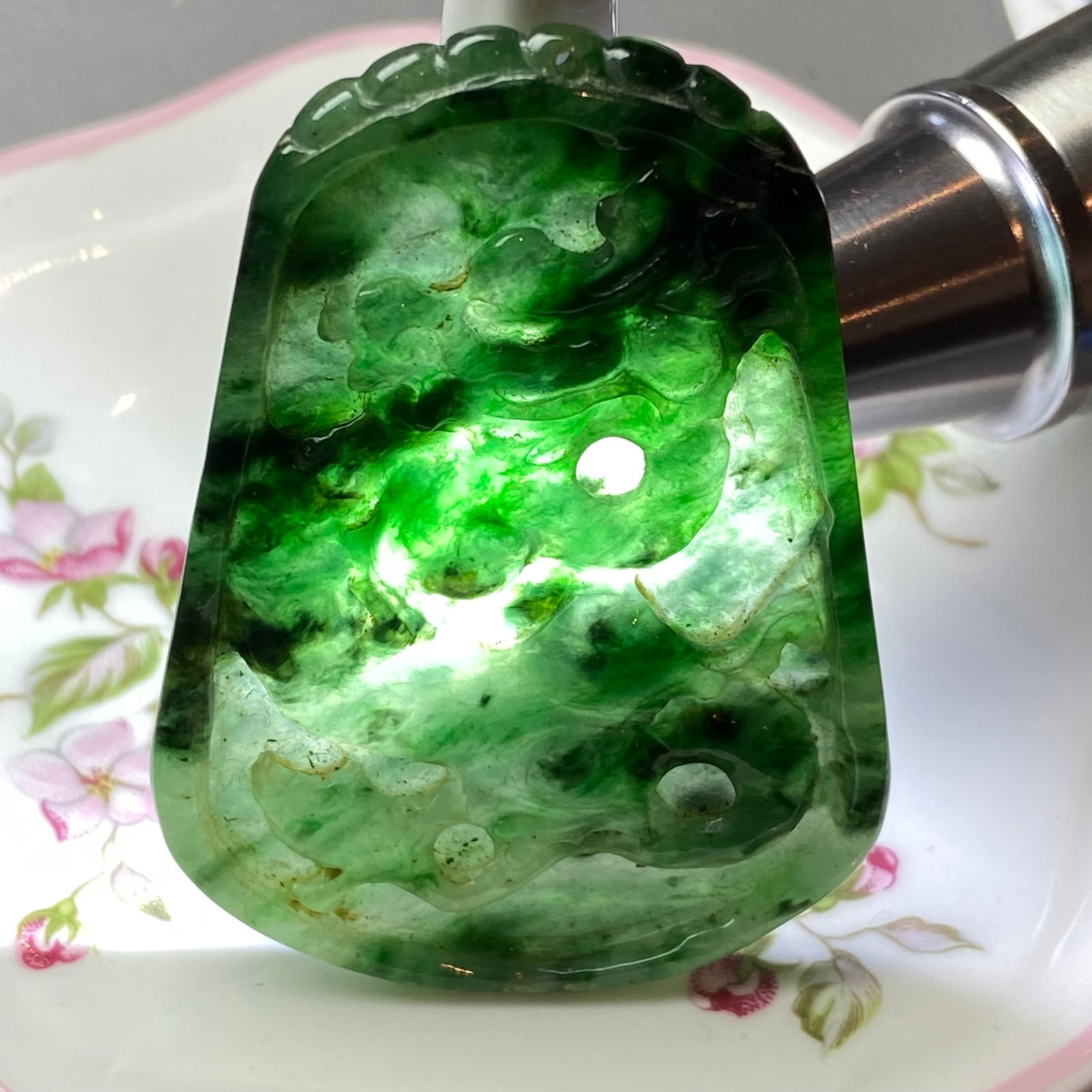 Antique Chinese Natural Dark Green Jadeite Jade Pendant carved ancient dragon - 14