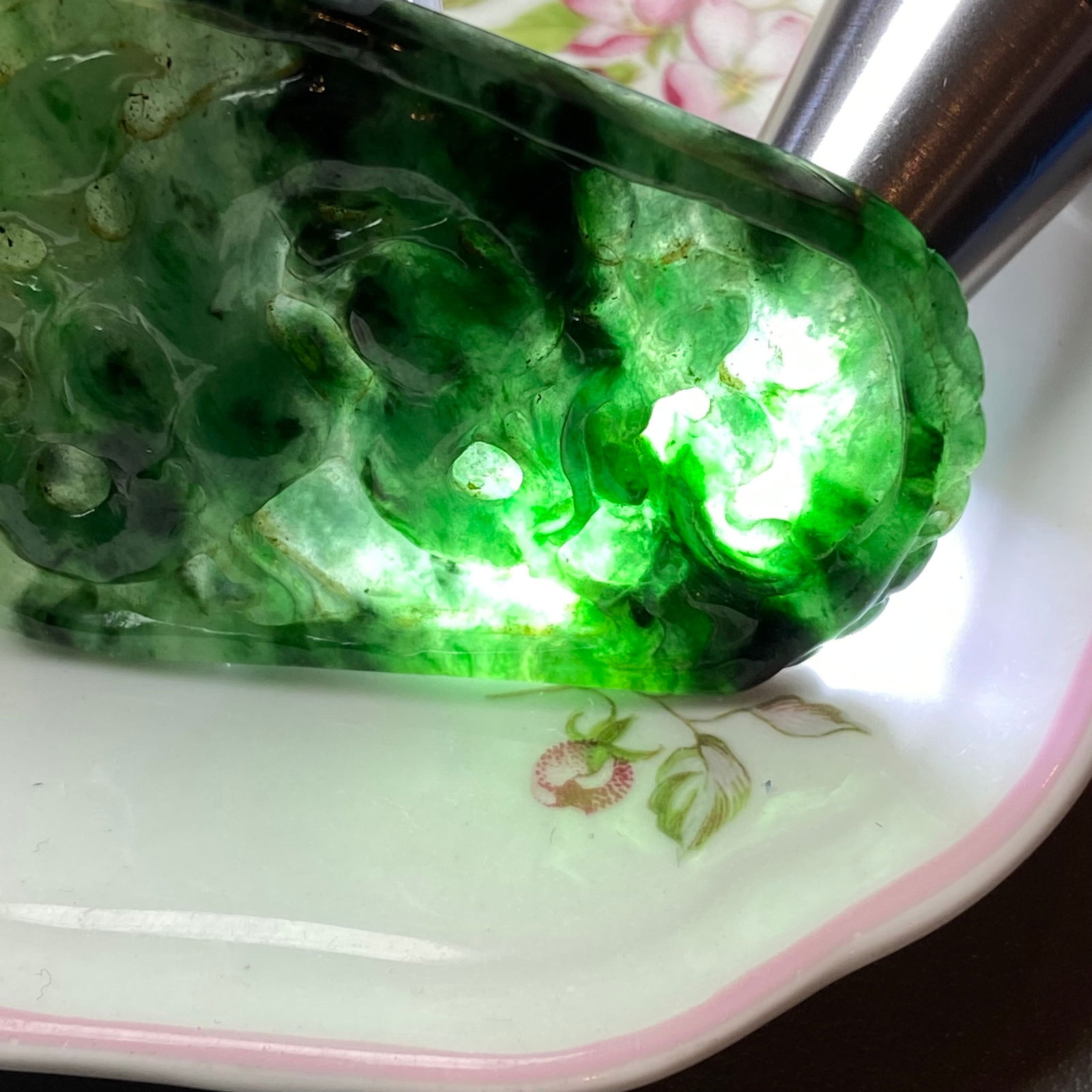 Antique Chinese Natural Dark Green Jadeite Jade Pendant carved ancient dragon - 16