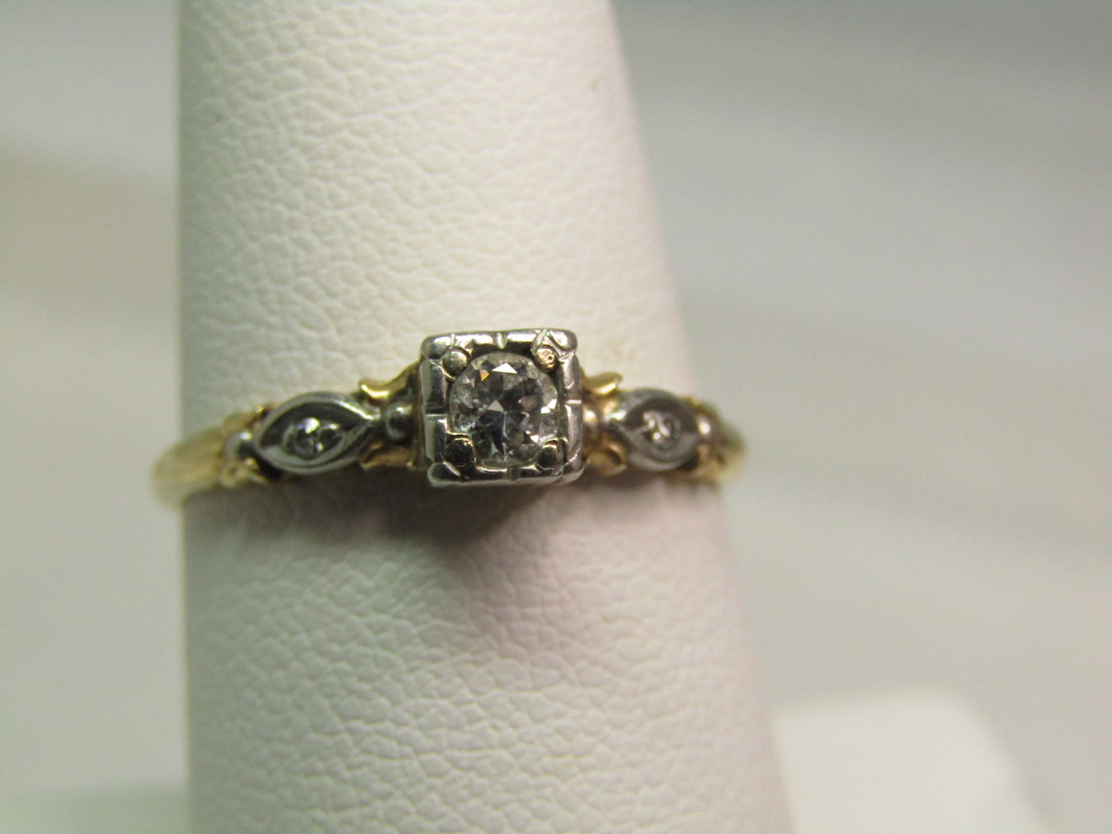 Vintage 14kt Diamond Engagement Ring, 1930's, Two Tone, Sz. 7.75Signed: Title:Vintage 14kt Diamond Engagement Ring, 1930's, Two Tone, Sz. 7.75Signed Description:Vintage 14kt Diamond Engagement Ring, 1930's, Sz. 7.75, Two Tone, Signed with a mark and the letters MIM. this
