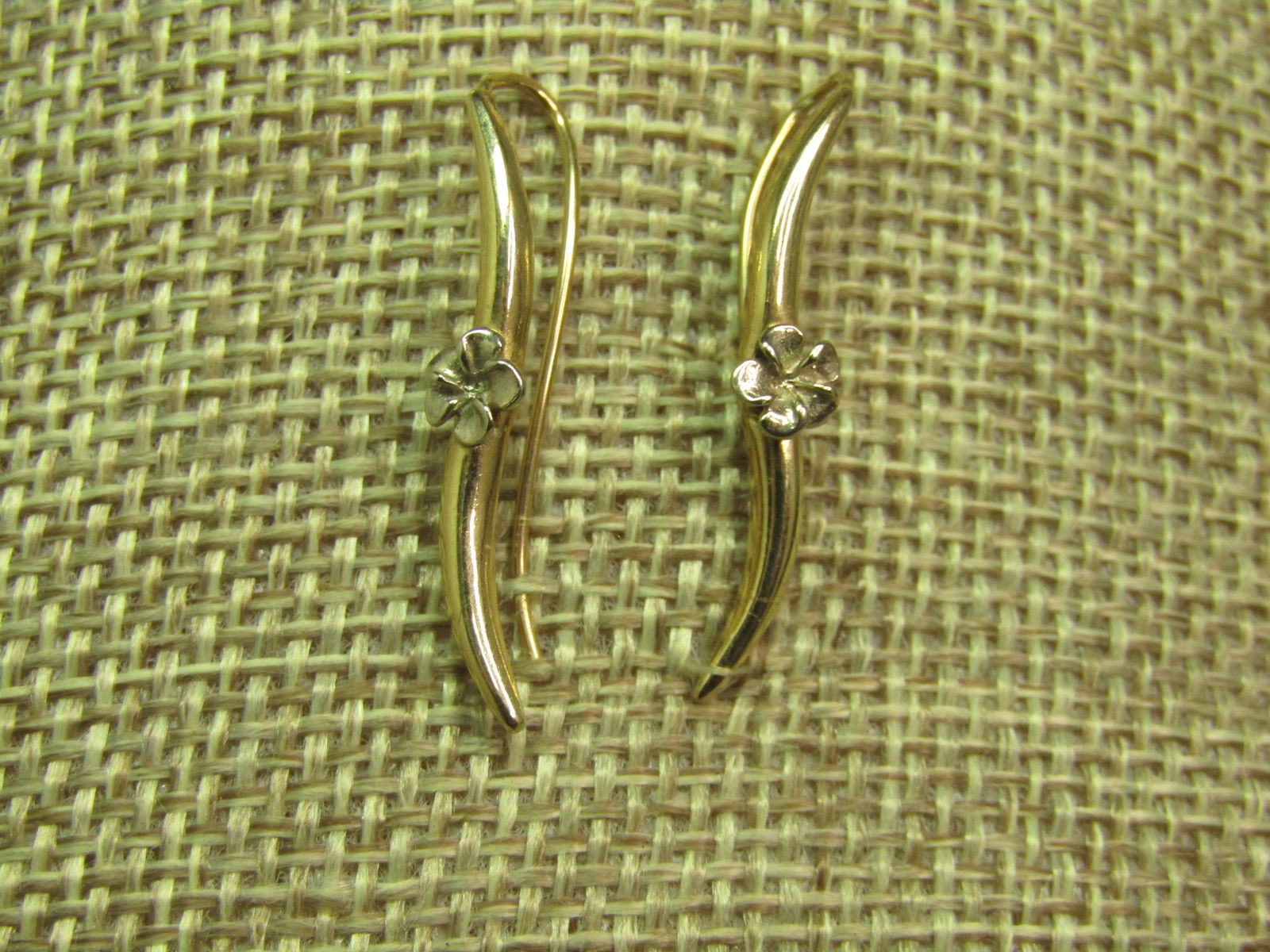 14kt Floral Earrings, Long Post, Drop, 1990's, Signed: Title:14kt Floral Earrings, Long Post, Drop, 1990's, Signed Description:14kt Floral Earrings, Long Post, Drop, 1990's, Signed. These are marked 14kt (not plated) and signed with what looks like the Si