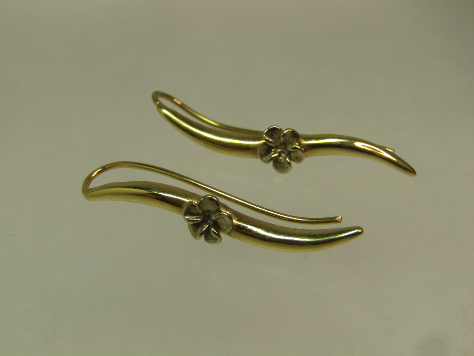 14kt Floral Earrings, Long Post, Drop, 1990's, Signed - 4