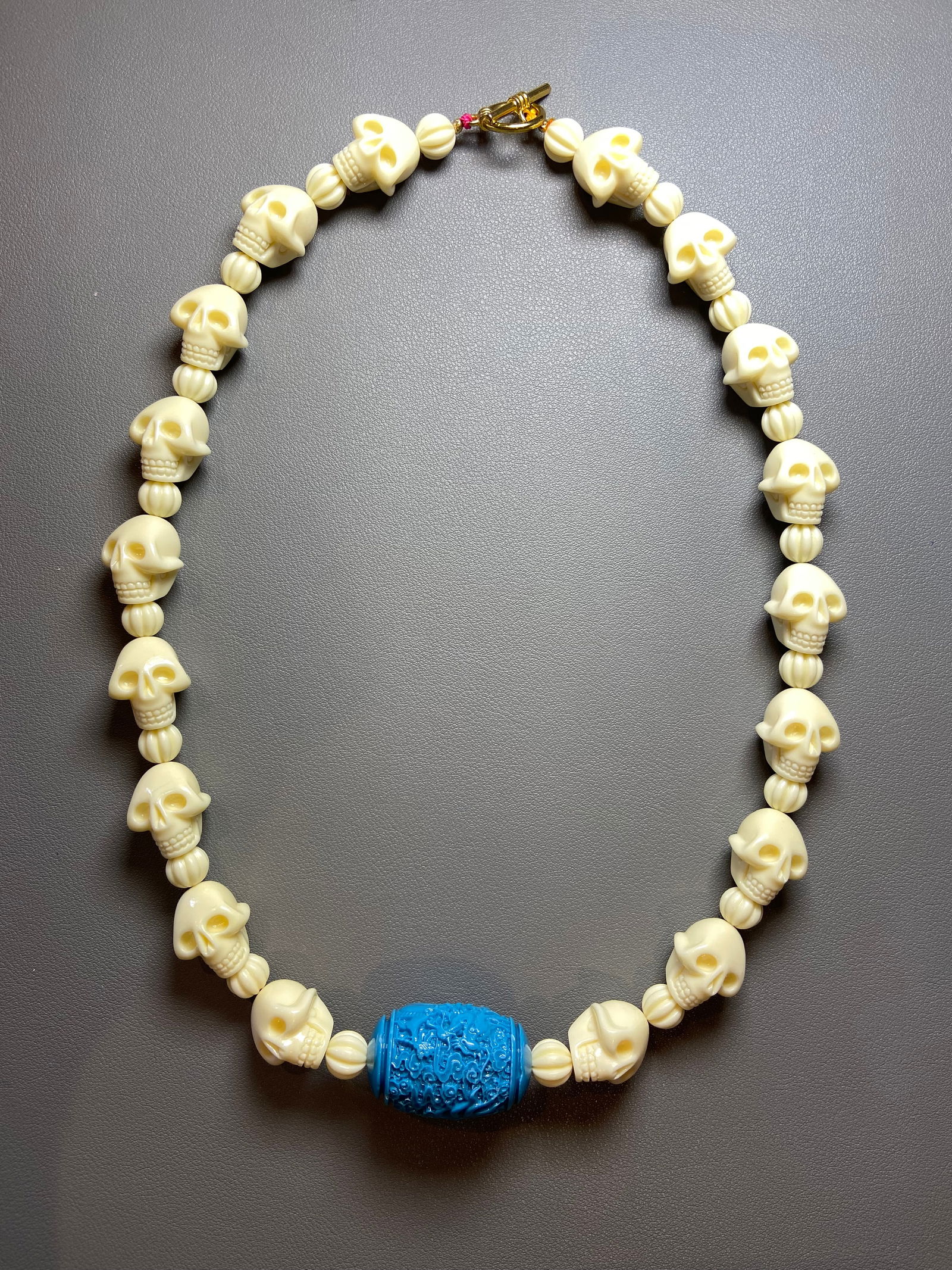 Vintage Celluloid Hand carved Skull Beads Necklace with Turquoise Dragon Amulet Pendant - 2