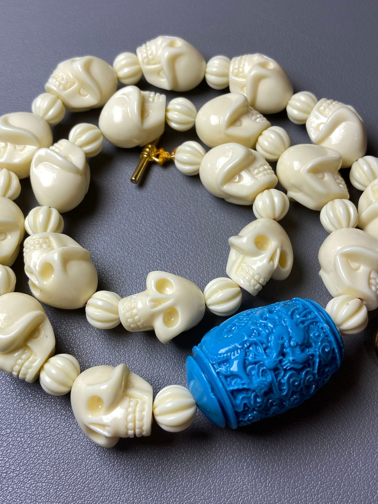Vintage Celluloid Hand carved Skull Beads Necklace with Turquoise Dragon Amulet Pendant - 3
