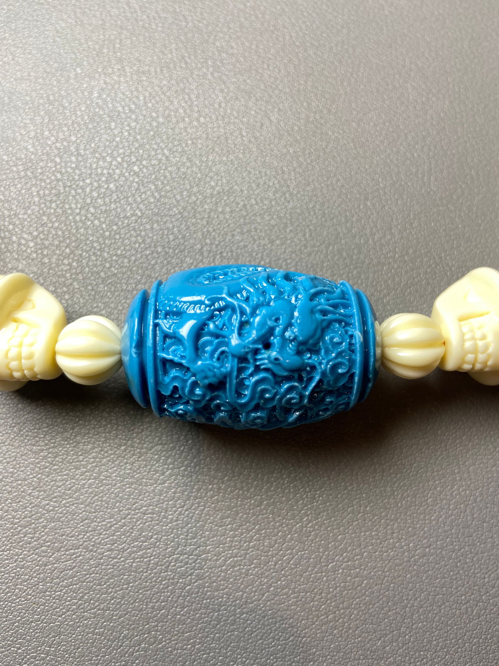 Vintage Celluloid Hand carved Skull Beads Necklace with Turquoise Dragon Amulet Pendant - 4