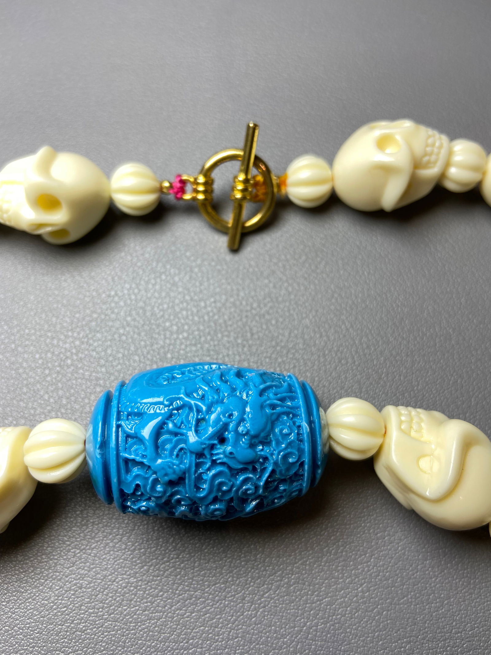 Vintage Celluloid Hand carved Skull Beads Necklace with Turquoise Dragon Amulet Pendant - 7