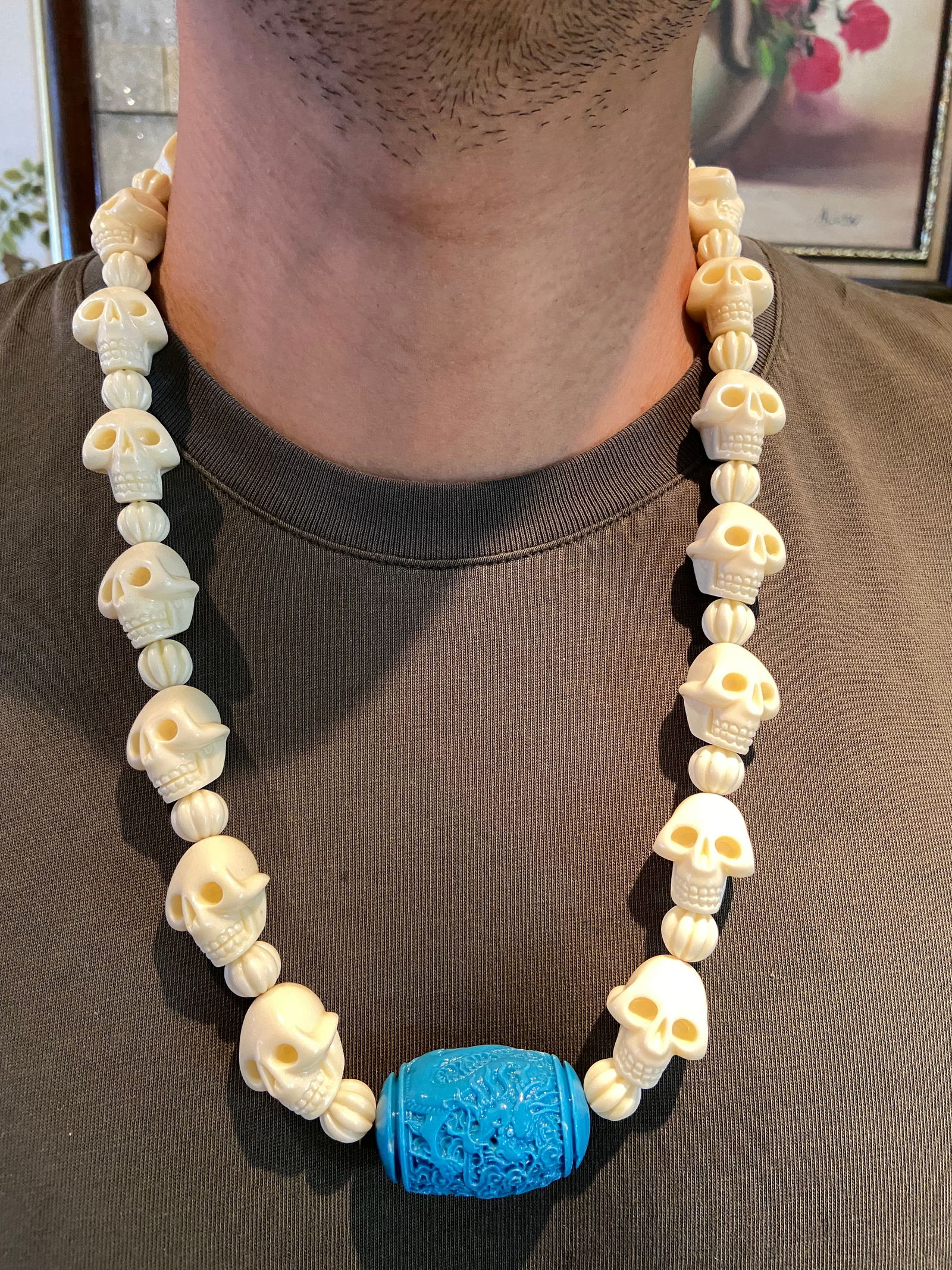 Vintage Celluloid Hand carved Skull Beads Necklace with Turquoise Dragon Amulet Pendant - 9