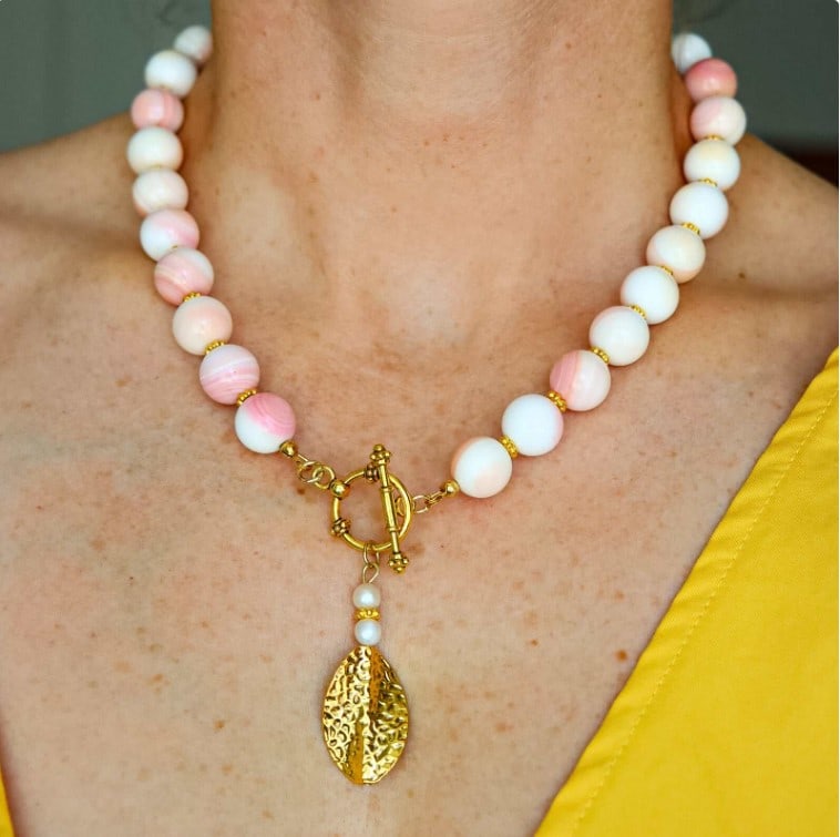 Queen Conch & Gold Beaded Statement Necklace – Handmade by Alexis Cintron - 2