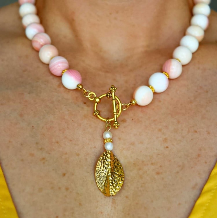Queen Conch & Gold Beaded Statement Necklace – Handmade by Alexis Cintron - 5