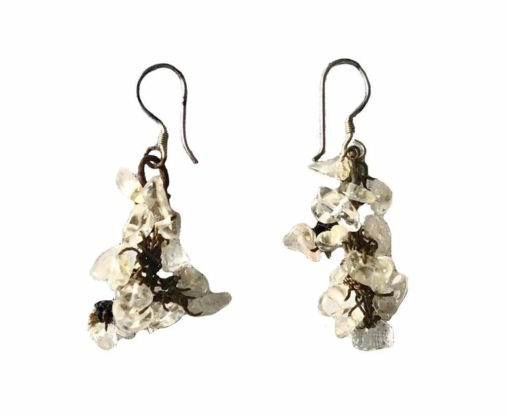 Pre Owned Sterling Nylon Earrings With Glass Beads: Title:Pre Owned Sterling Nylon Earrings With Glass BeadsDescription:Pre owned nylon earrings with clear quartz chip beads. Measurement from large: 2" Measurement from wide: 10mm Measurement