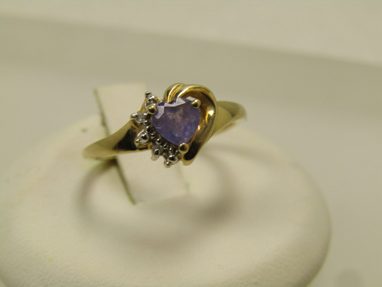 Vintage 10kt Tanzanite Heart & Diamond Ring, Sz. 6, 1980's, Signed: Title:Vintage 10kt Tanzanite Heart & Diamond Ring, Sz. 6, 1980's, Signed Description:Vintage 10kt Tanzanite Heart & Diamond Ring, Sz. 6, 1980's, Signed. It is marked 10kt and tests as 10kt with an app