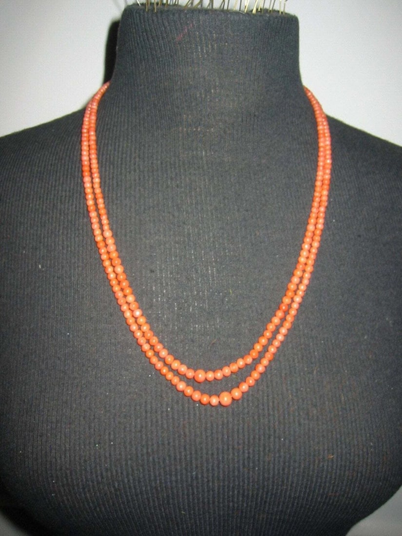 Victorian Double Strand Graduated Red Coral Beads 14 kt Gold Necklace: Title:Victorian Double Strand Graduated Red Coral Beads 14 kt Gold Necklace Description:Beautiful Double Strand of Victorian Red Coral. This coral is smooth and has beautiful luster appears to be more