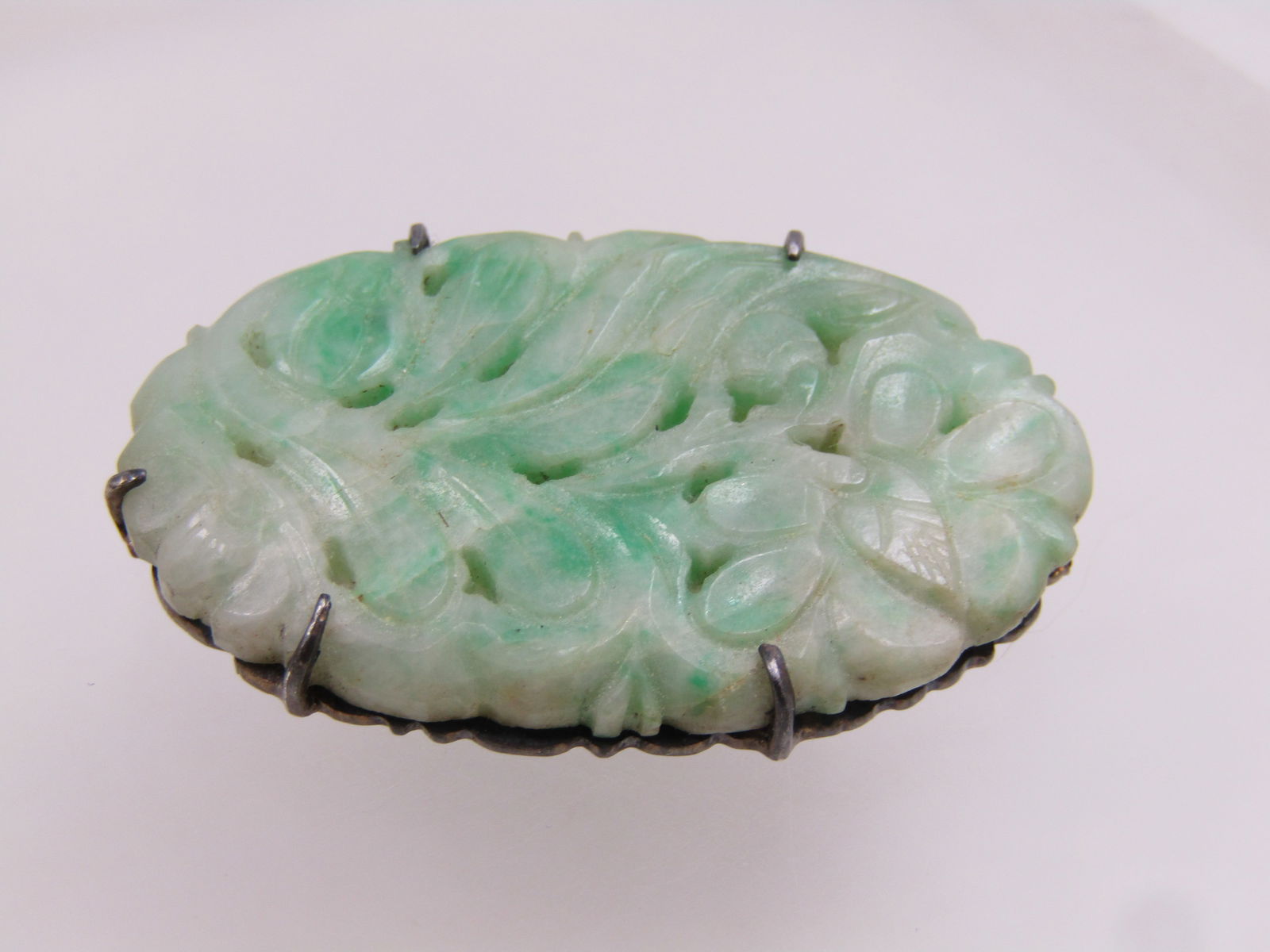Antique Sterling Carved Jade Floral Brooch, 1920's - 2