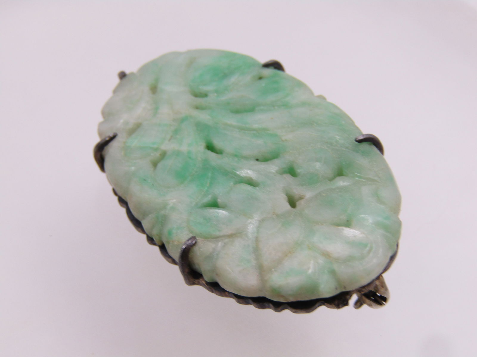 Antique Sterling Carved Jade Floral Brooch, 1920's - 3