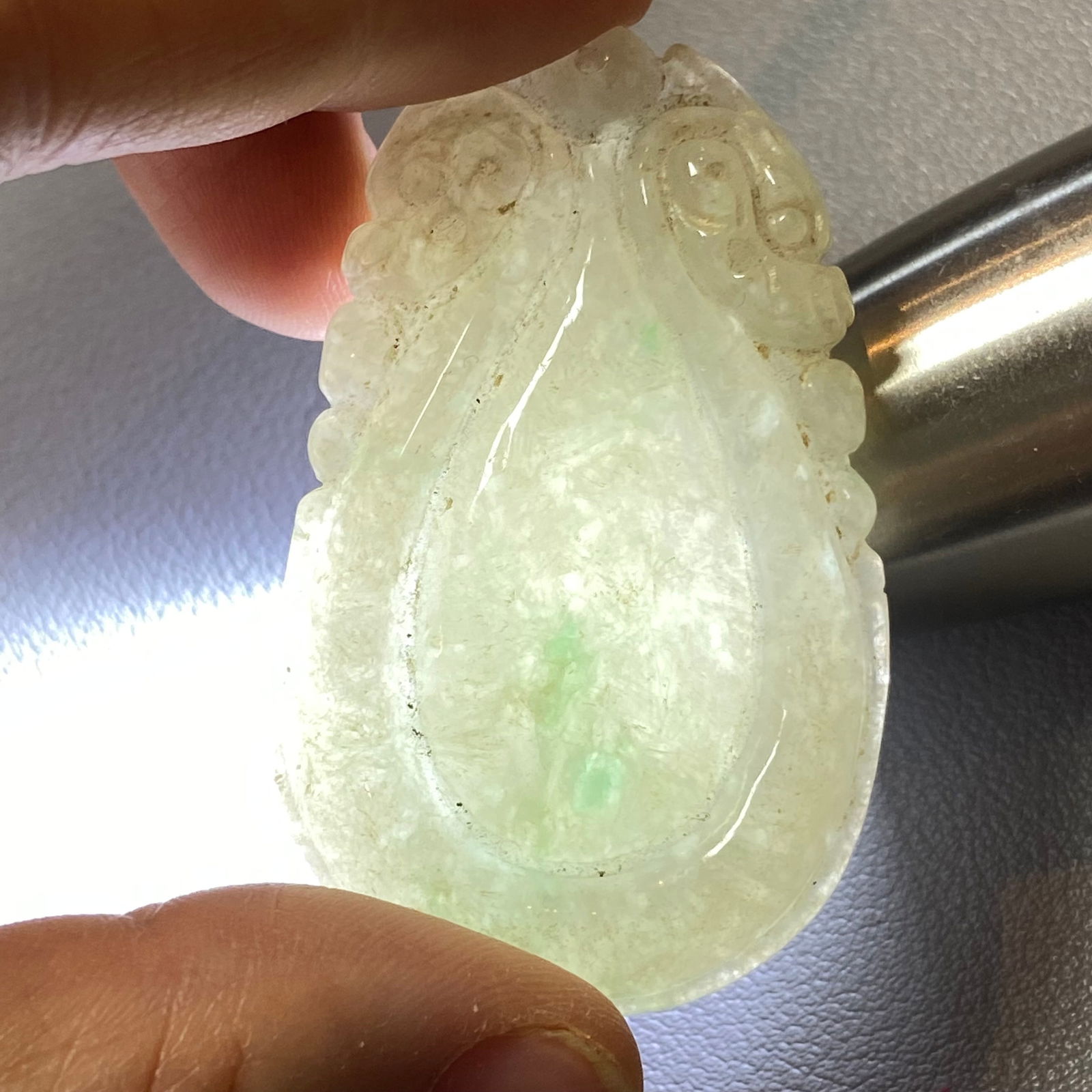Antique Chinese Large Apple Green Jadeite Jade caved Water drop-shaped Ruyi Amulet - 12