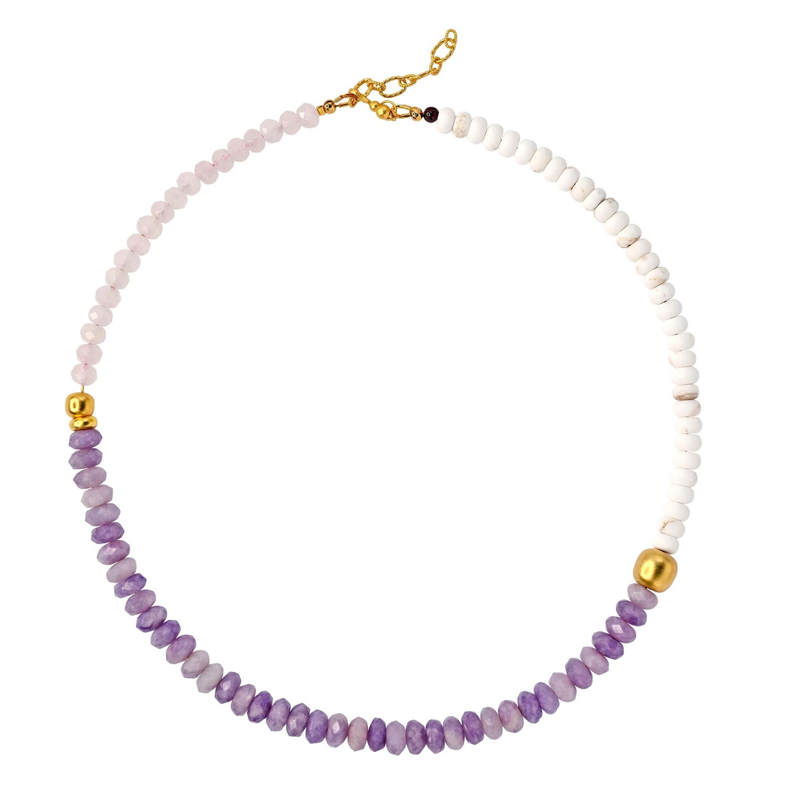 Kunzite White Turquoise Necklace: Title:Kunzite White Turquoise Necklace Description:Slip into a state of effortless elegance with this captivating gemstone necklace. The harmonious blend of soft white turquoise, rich amethyst, and gl