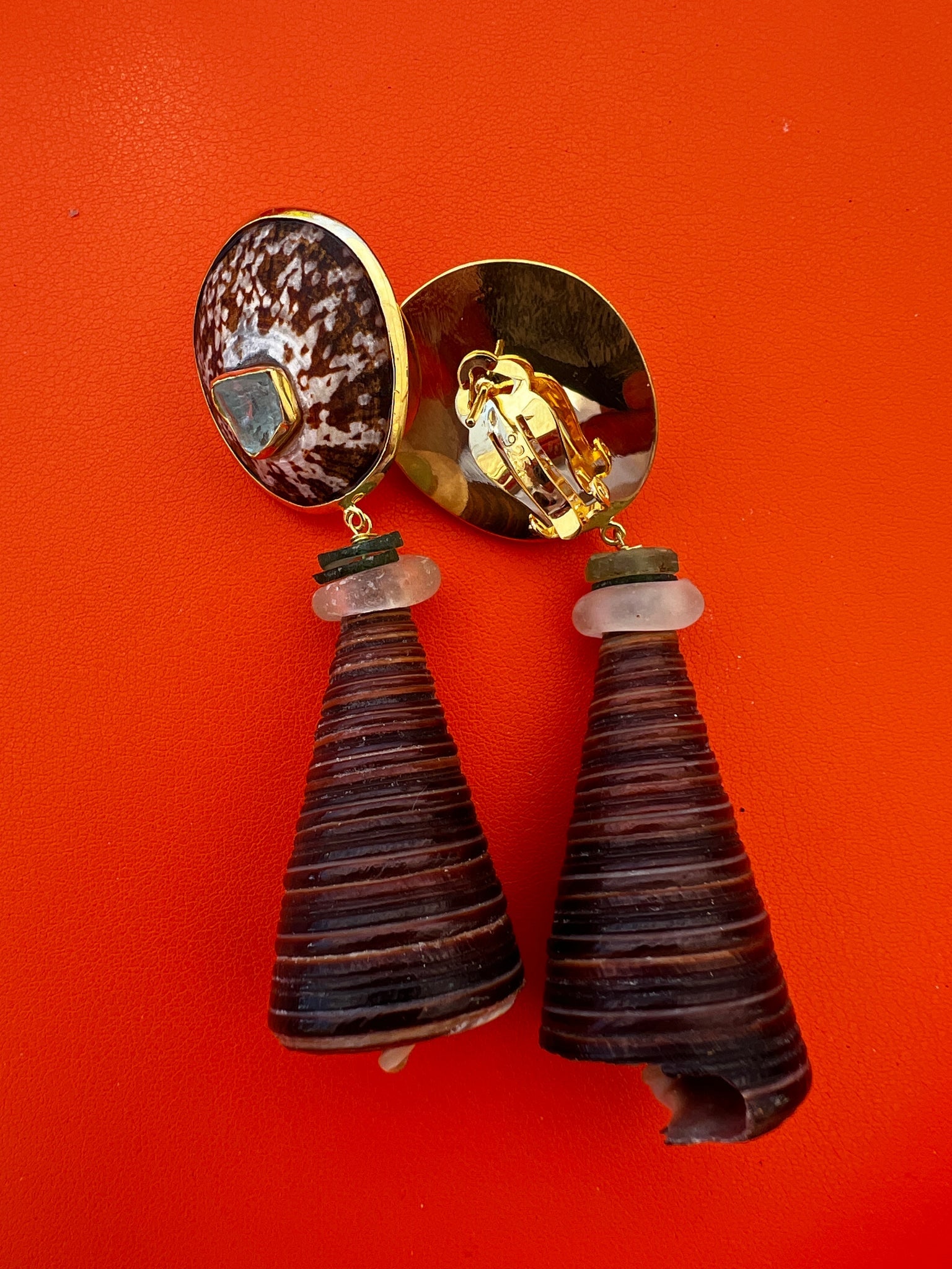 Telescopium Shell Drop Earrings with Tourmalines - 2