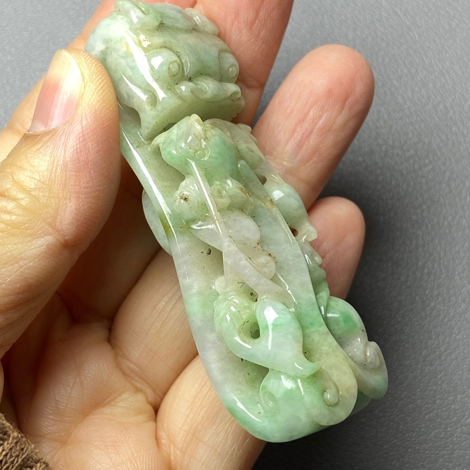 Antique Chinese Apple Green Jadeite Jade Dragon Belt Hook - 13
