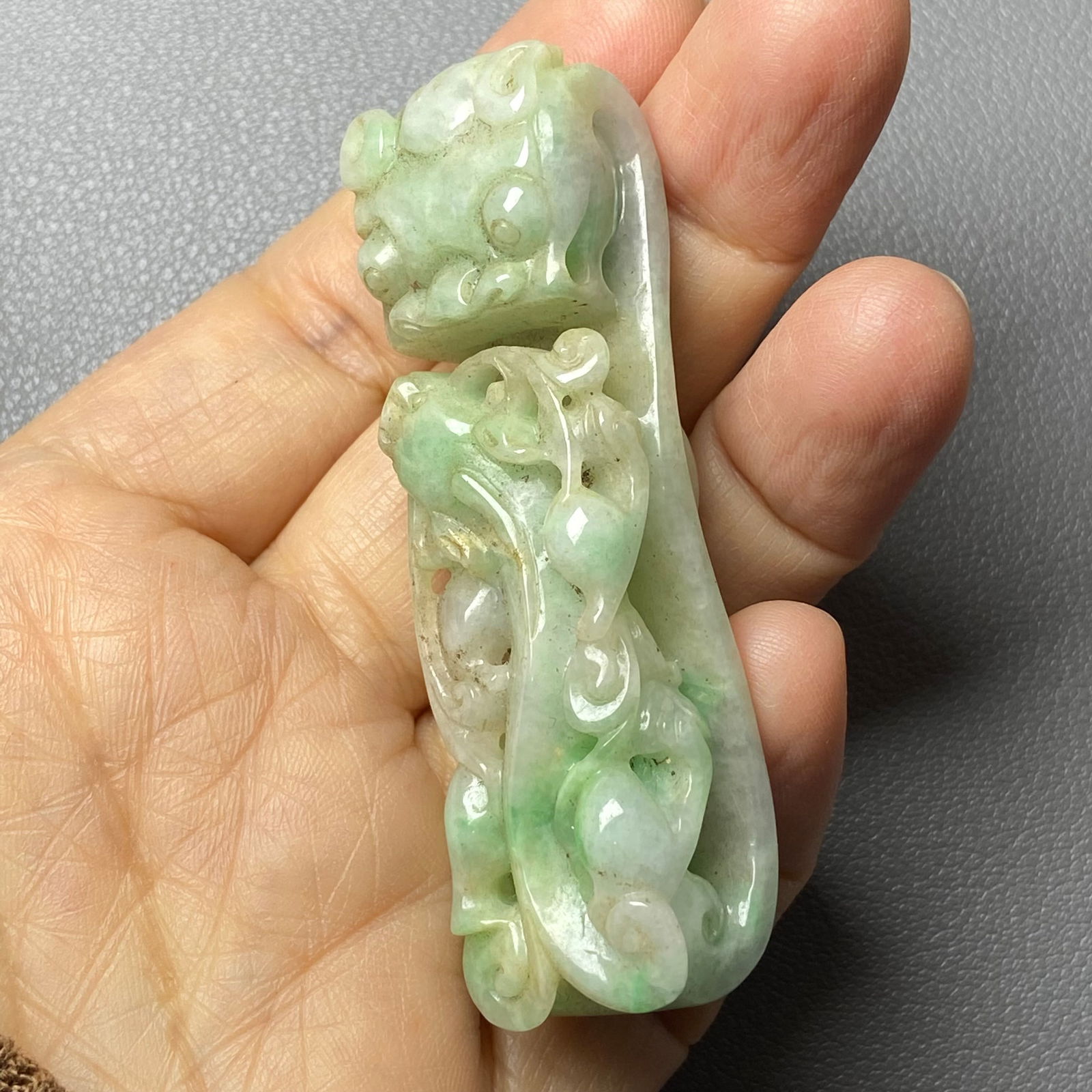 Antique Chinese Apple Green Jadeite Jade Dragon Belt Hook - 14