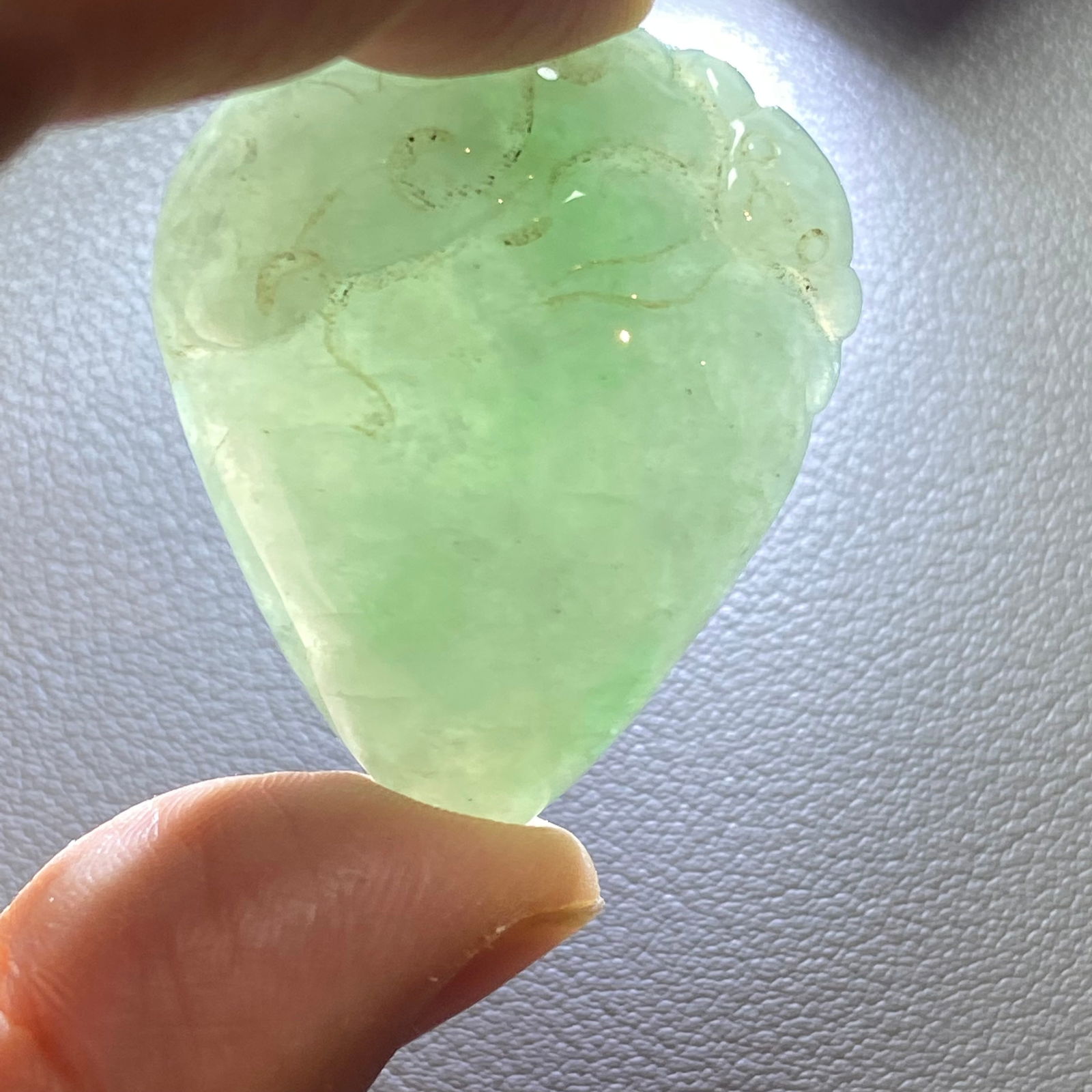 Antique Chinese Natural Icy Green Jadeite Jade carved Peach Lingzhi and Bat - 11