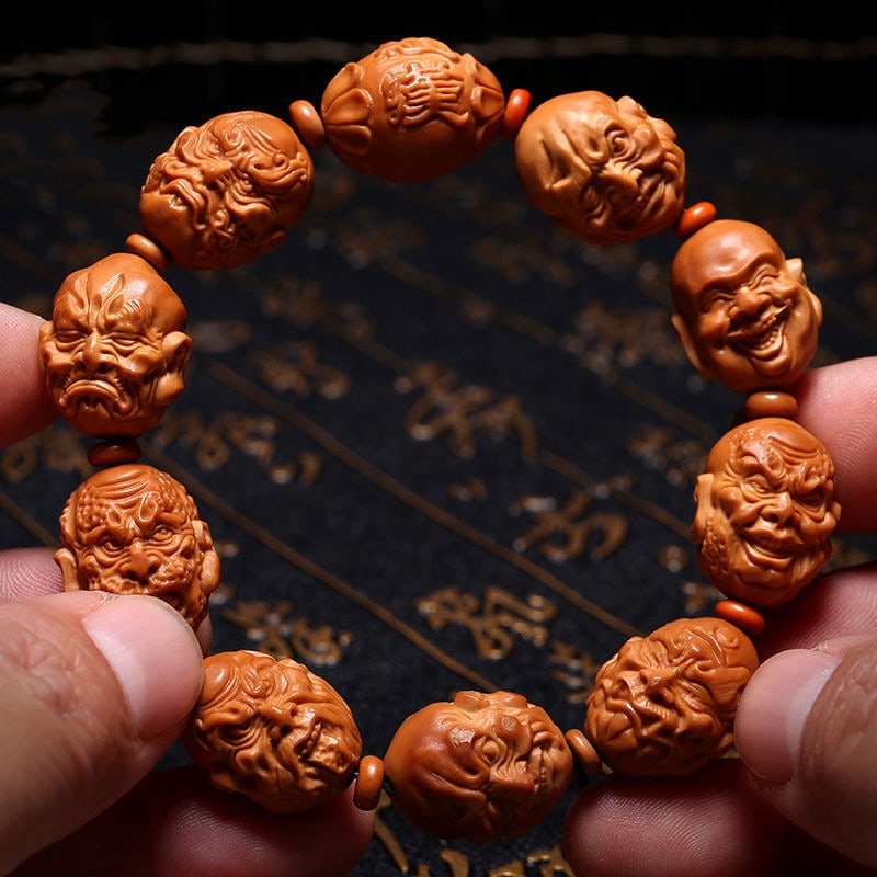 Chinese Olive Pit Hand Carved Double-sided 18 Arhat Bracelet Buddha Amulet - 5