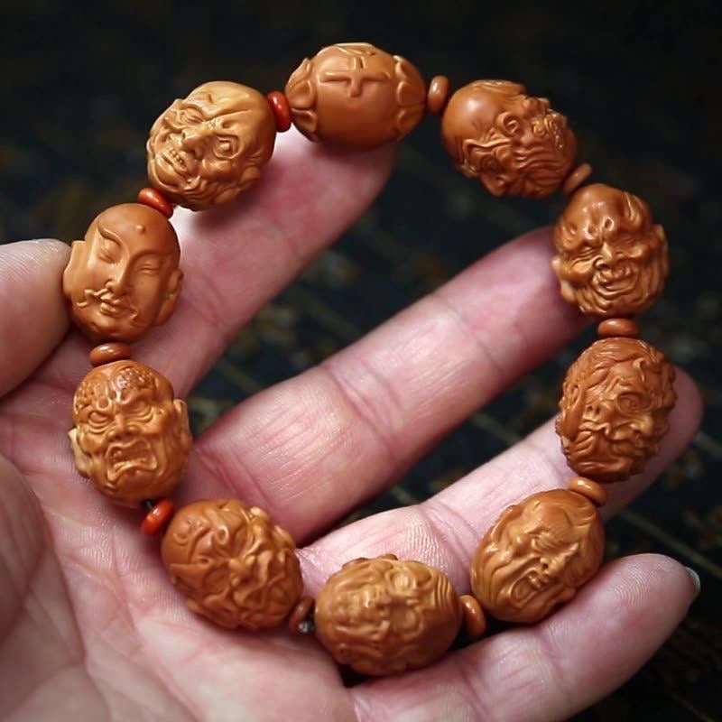 Chinese Olive Pit Hand Carved Double-sided 18 Arhat Bracelet Buddha Amulet - 6