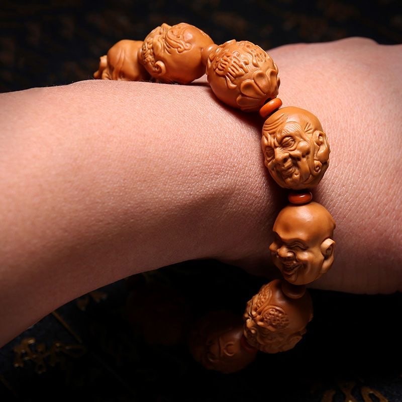 Chinese Olive Pit Hand Carved Double-sided 18 Arhat Bracelet Buddha Amulet - 8