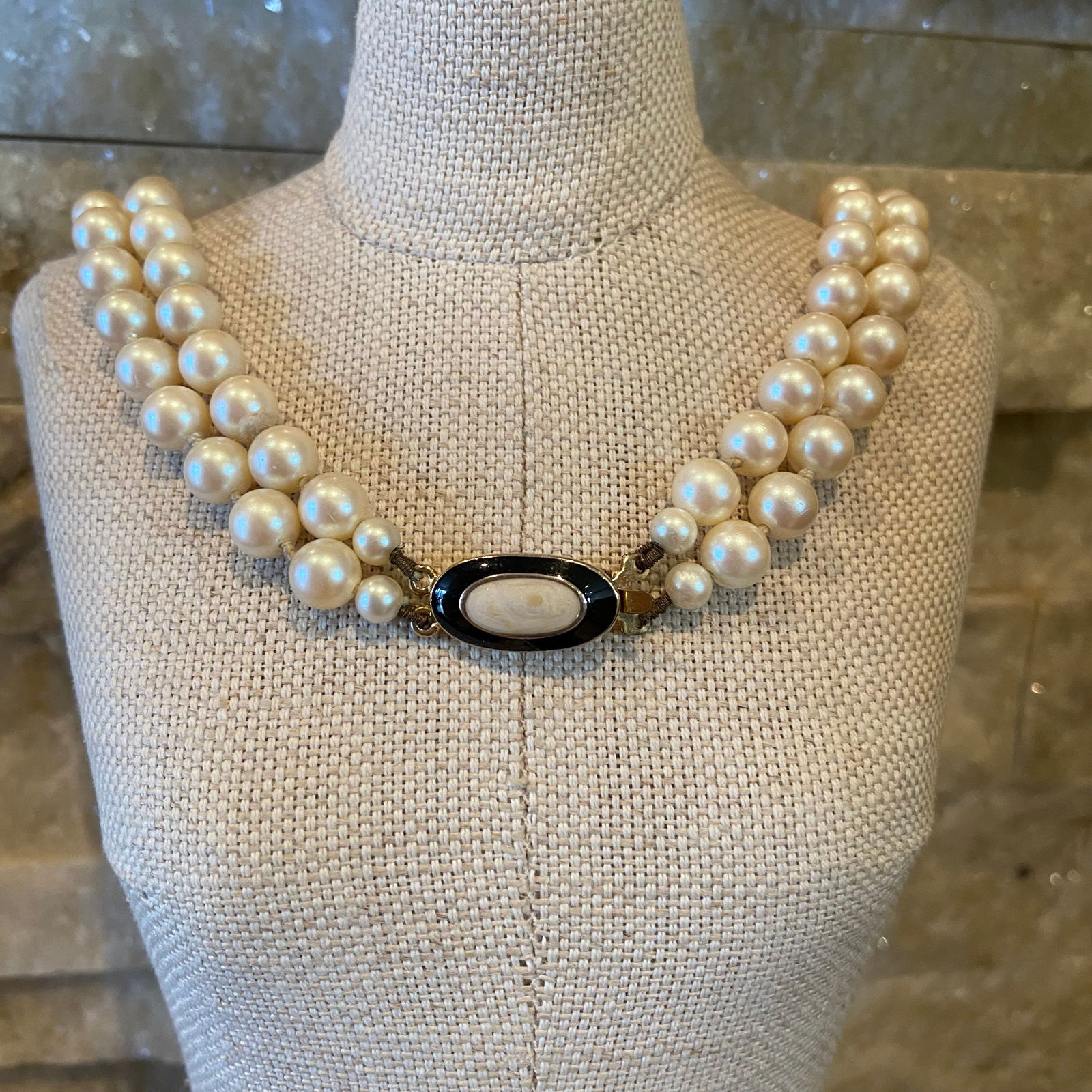Vintage Double Strand Glass Pearl Choker Necklace - 2
