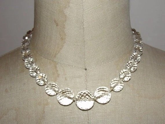 Art Deco Sterling Silver, Pure Rock Crystal Quartz Bead Necklace: Title:Art Deco Sterling Silver, Pure Rock Crystal Quartz Bead Necklace Description:Modern necklace with faux purple pearls and black rhodium plated chain. Necklace measures 16” long with a 3R