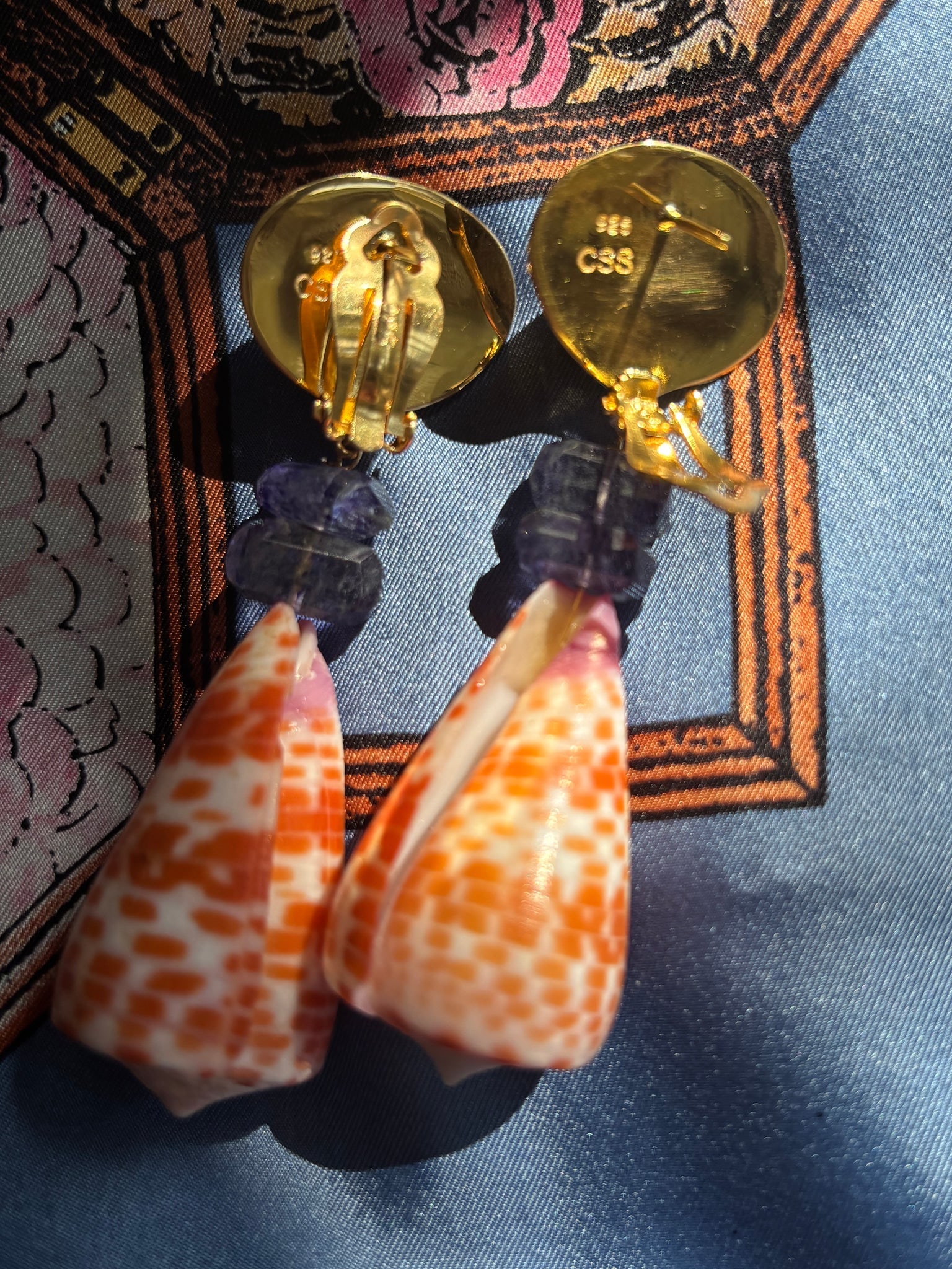 Conus Shell Earrings with Amethyst and Orange Garnets - 2
