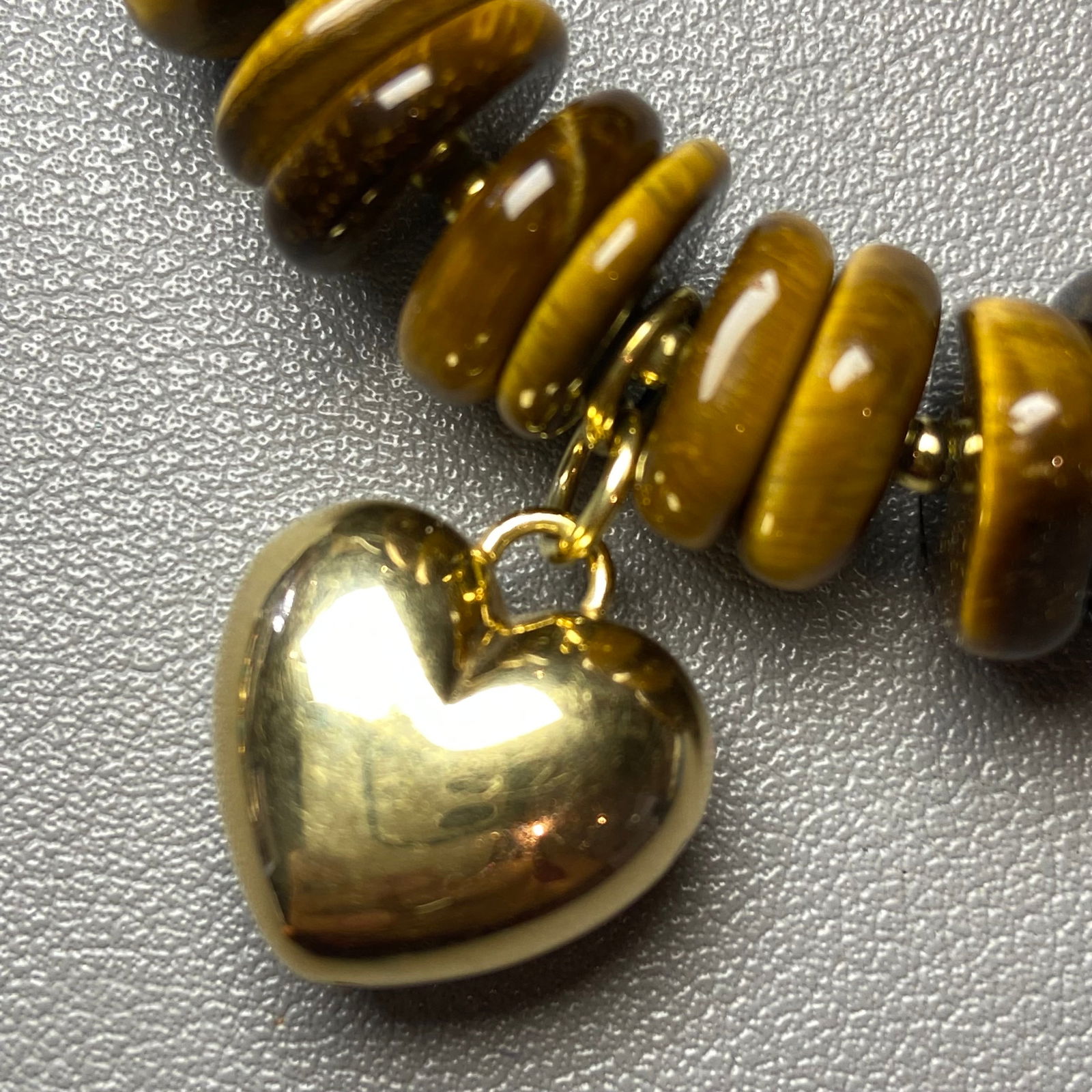Vintage Italy Tiger Eye Square Beads Bracelet with Large Gold Gilt 925 Silver Heart Charm - 2