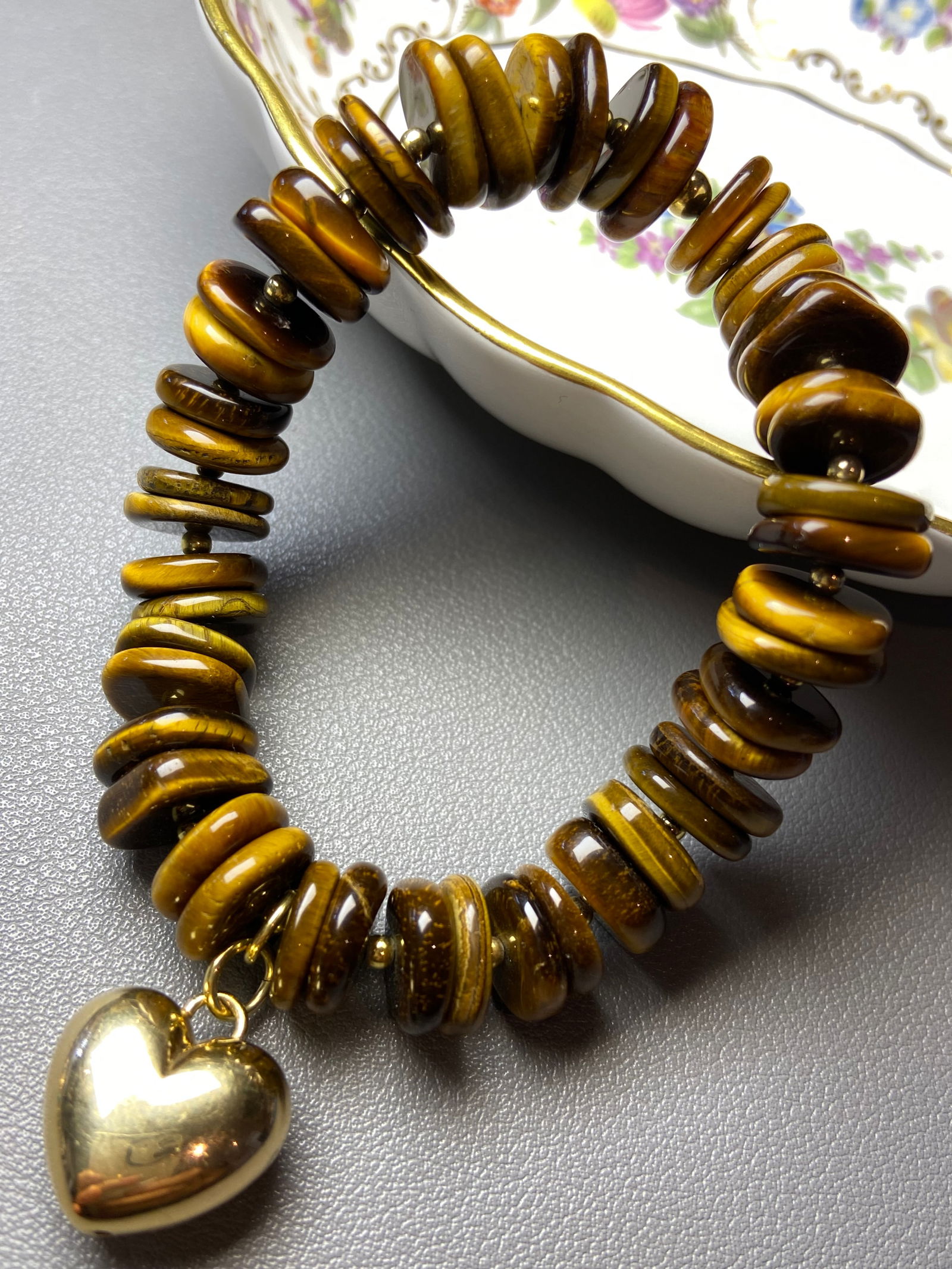 Vintage Italy Tiger Eye Square Beads Bracelet with Large Gold Gilt 925 Silver Heart Charm - 3