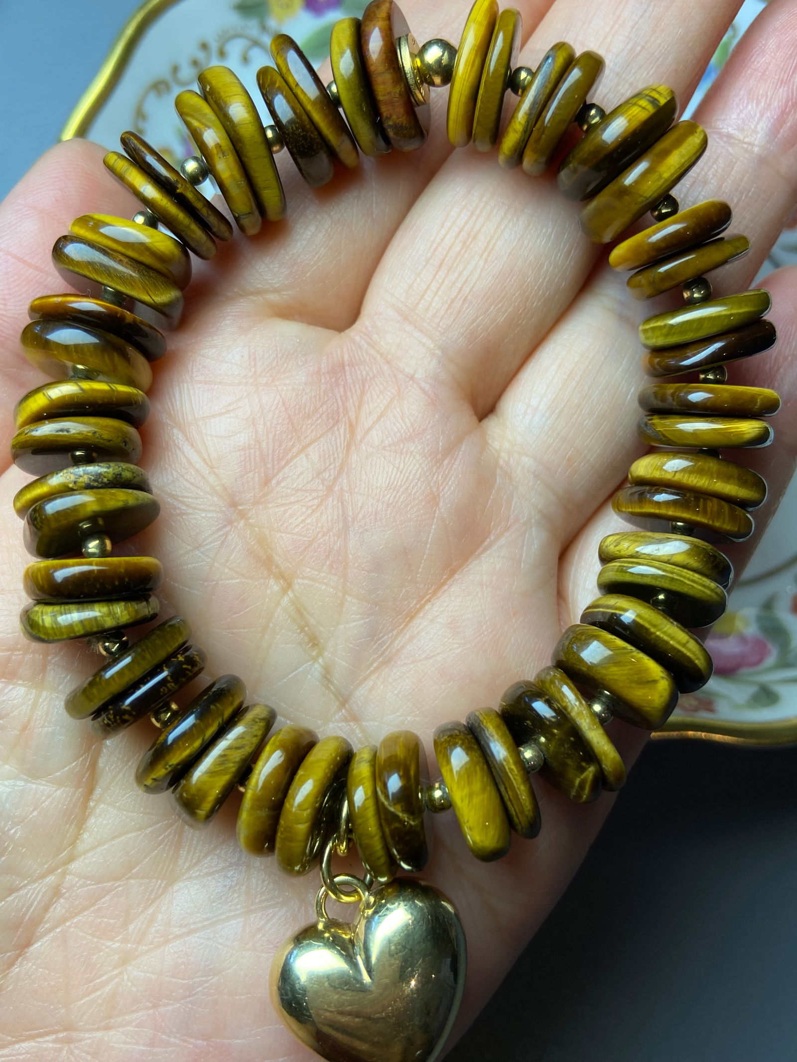 Vintage Italy Tiger Eye Square Beads Bracelet with Large Gold Gilt 925 Silver Heart Charm - 4