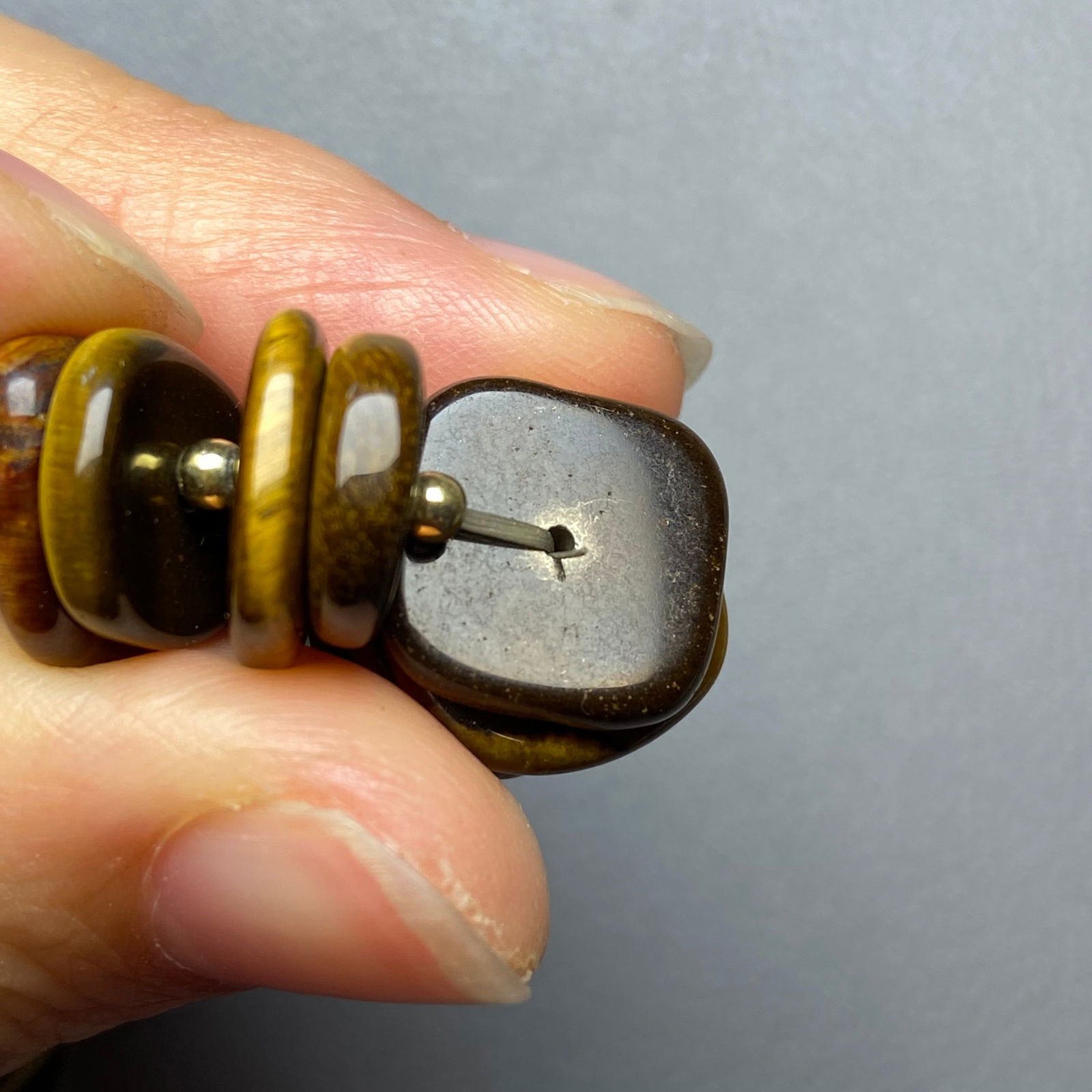 Vintage Italy Tiger Eye Square Beads Bracelet with Large Gold Gilt 925 Silver Heart Charm - 7