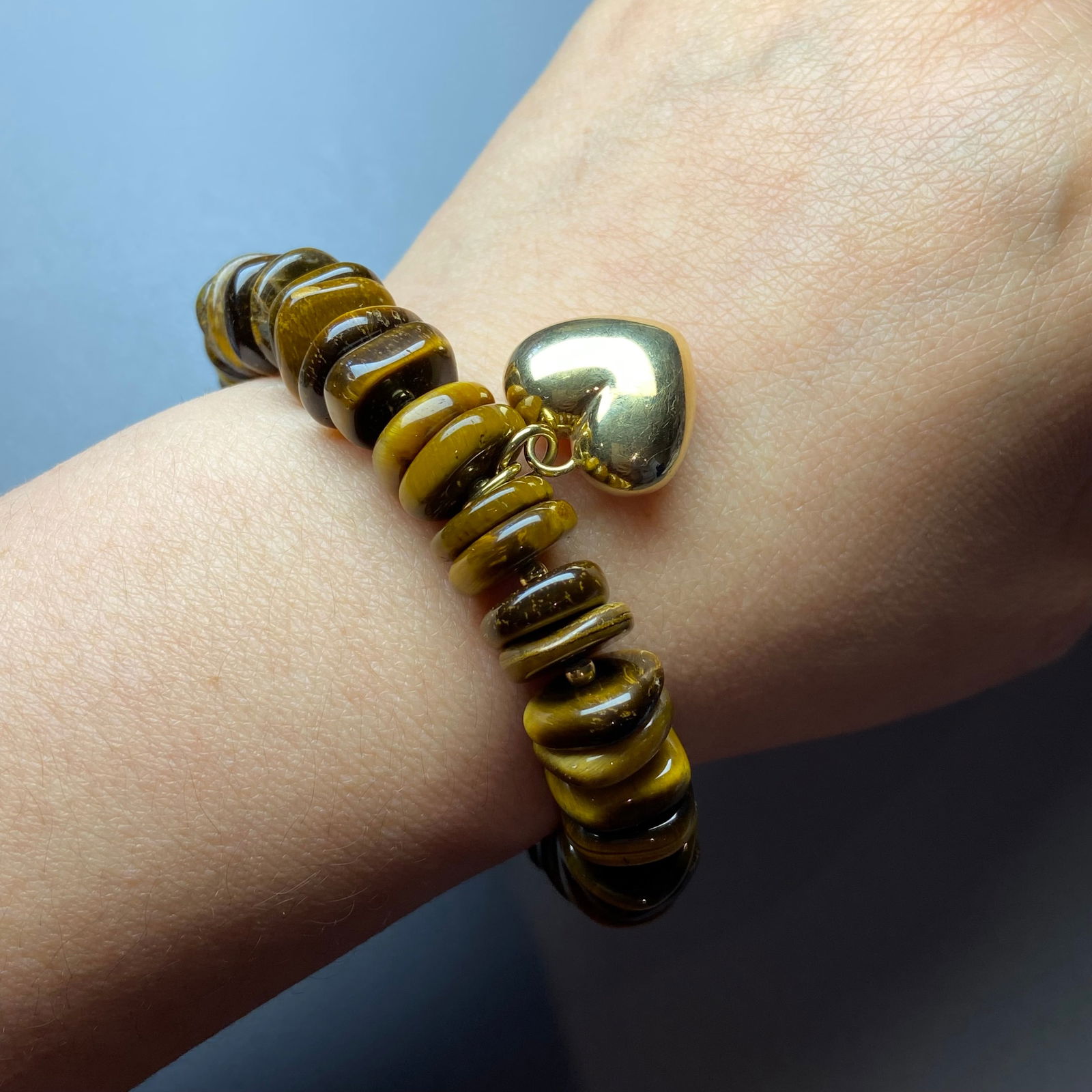 Vintage Italy Tiger Eye Square Beads Bracelet with Large Gold Gilt 925 Silver Heart Charm - 8