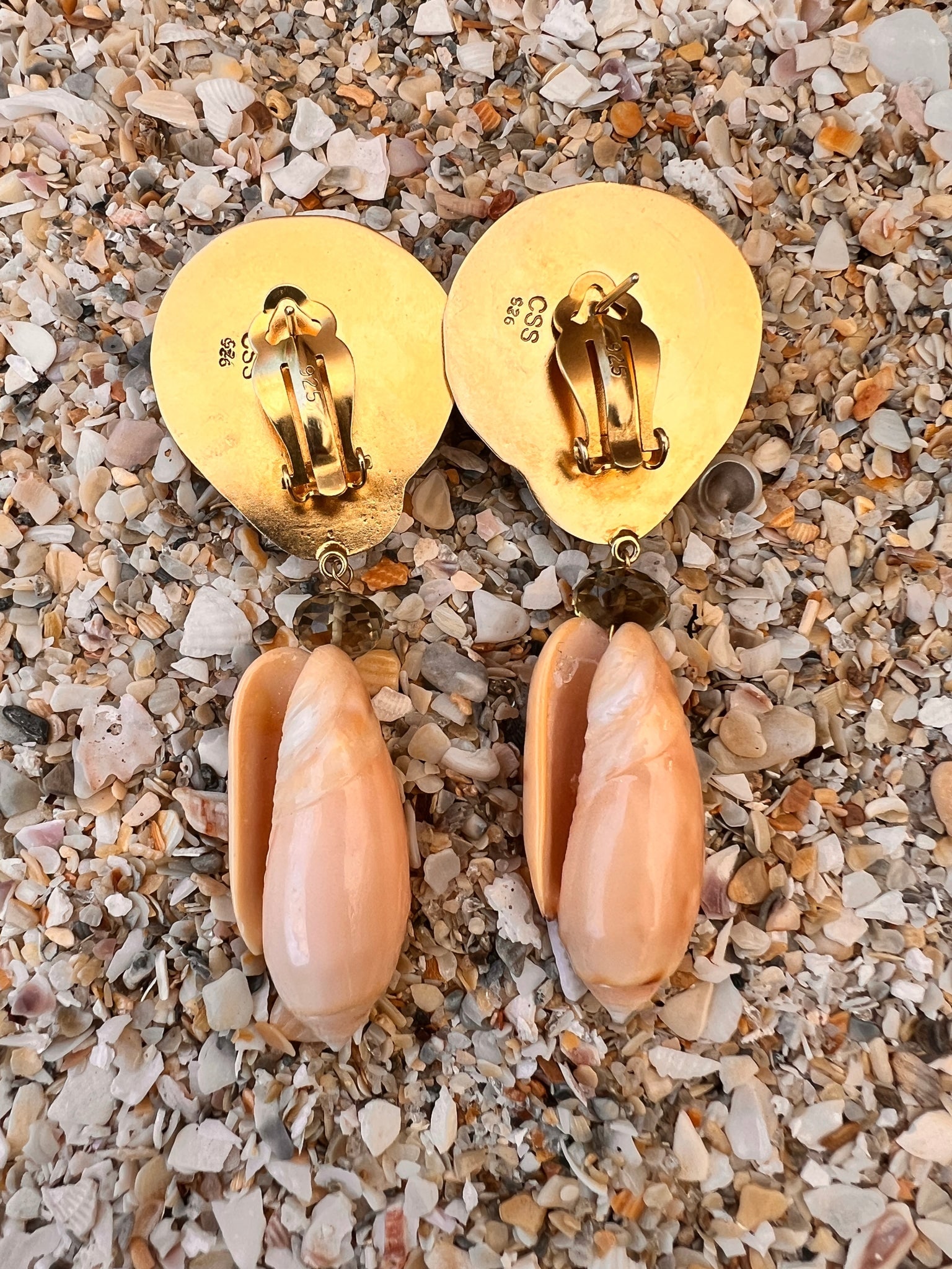 Pink Olive Shell Drop Earrings with Swiss Blue Topaz - 2