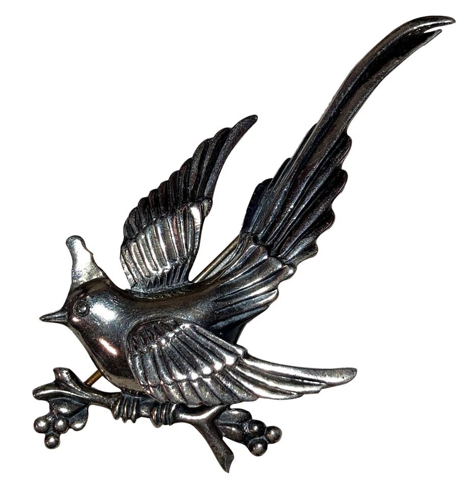 Mexican Sterling Silver Bird Perching on Branch Pin (1 of 4)