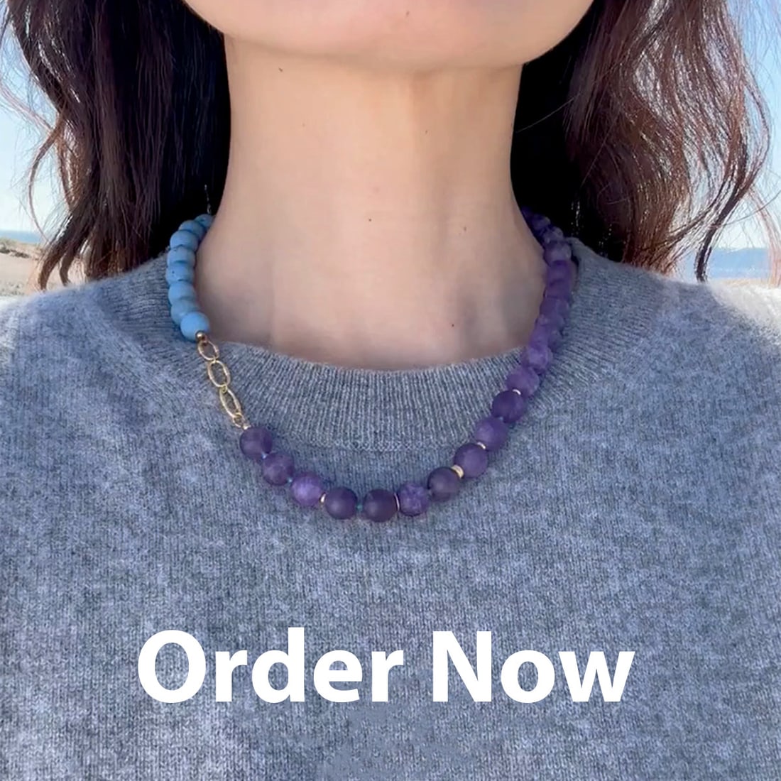 Amethyst & Blue Ceramic Gold Chain Necklace - 6