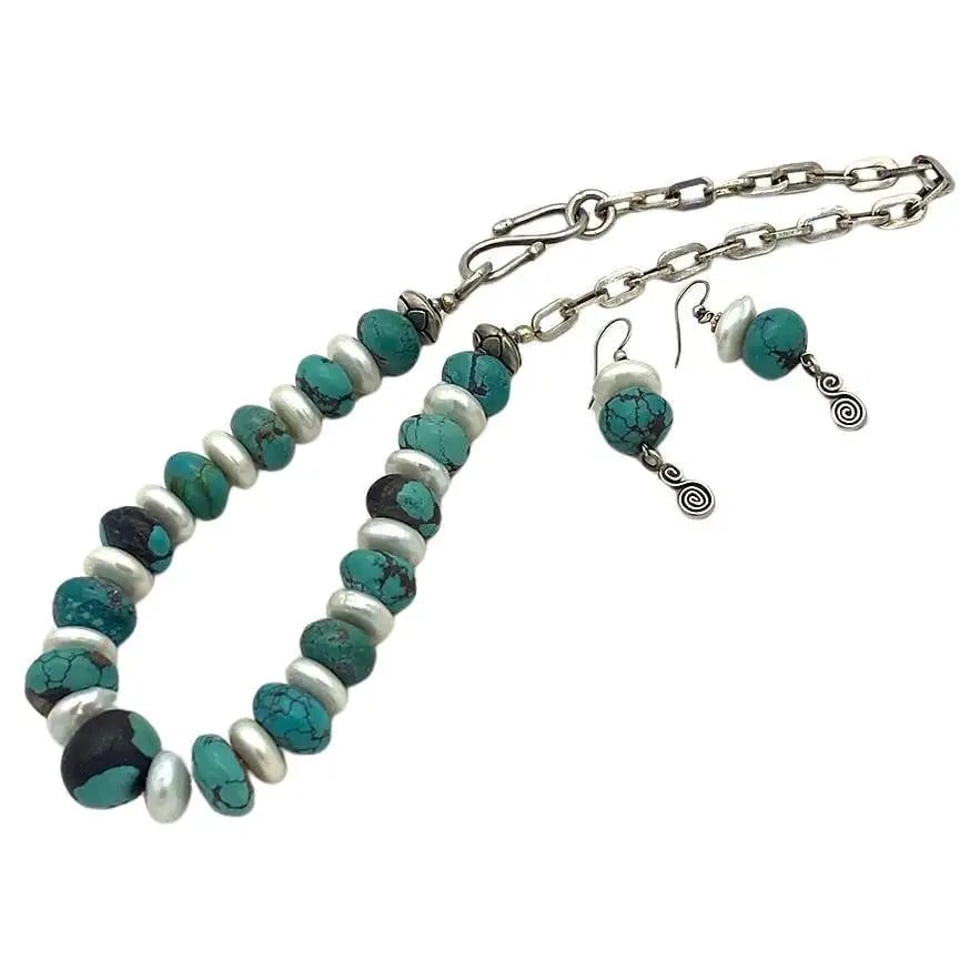Leather-polished Turquoise & Freshwater Pearl Necklace & Earrings Set: This is a leather-polished turquoise and freshwater pearl necklace & earrings set. Nouveau Boutique created this single strand necklace with unusual leather-polished up to 14 x 20 mm turquoise beads a