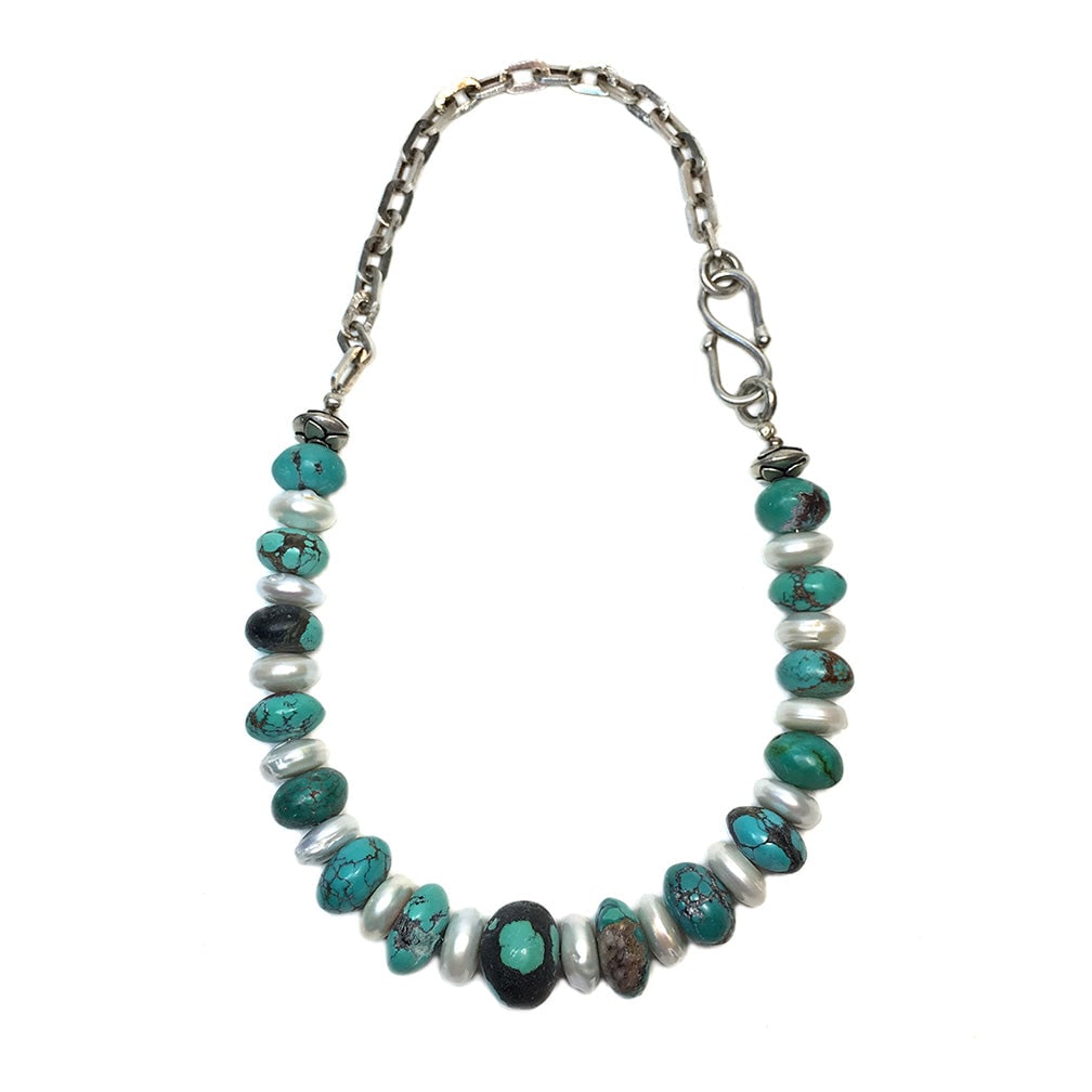 Leather-polished Turquoise & Freshwater Pearl Necklace & Earrings Set - 2